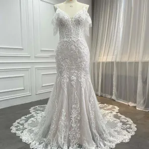 Cold Shoulder Lace Illusion Cutout Train Mermaid Wedding Dress