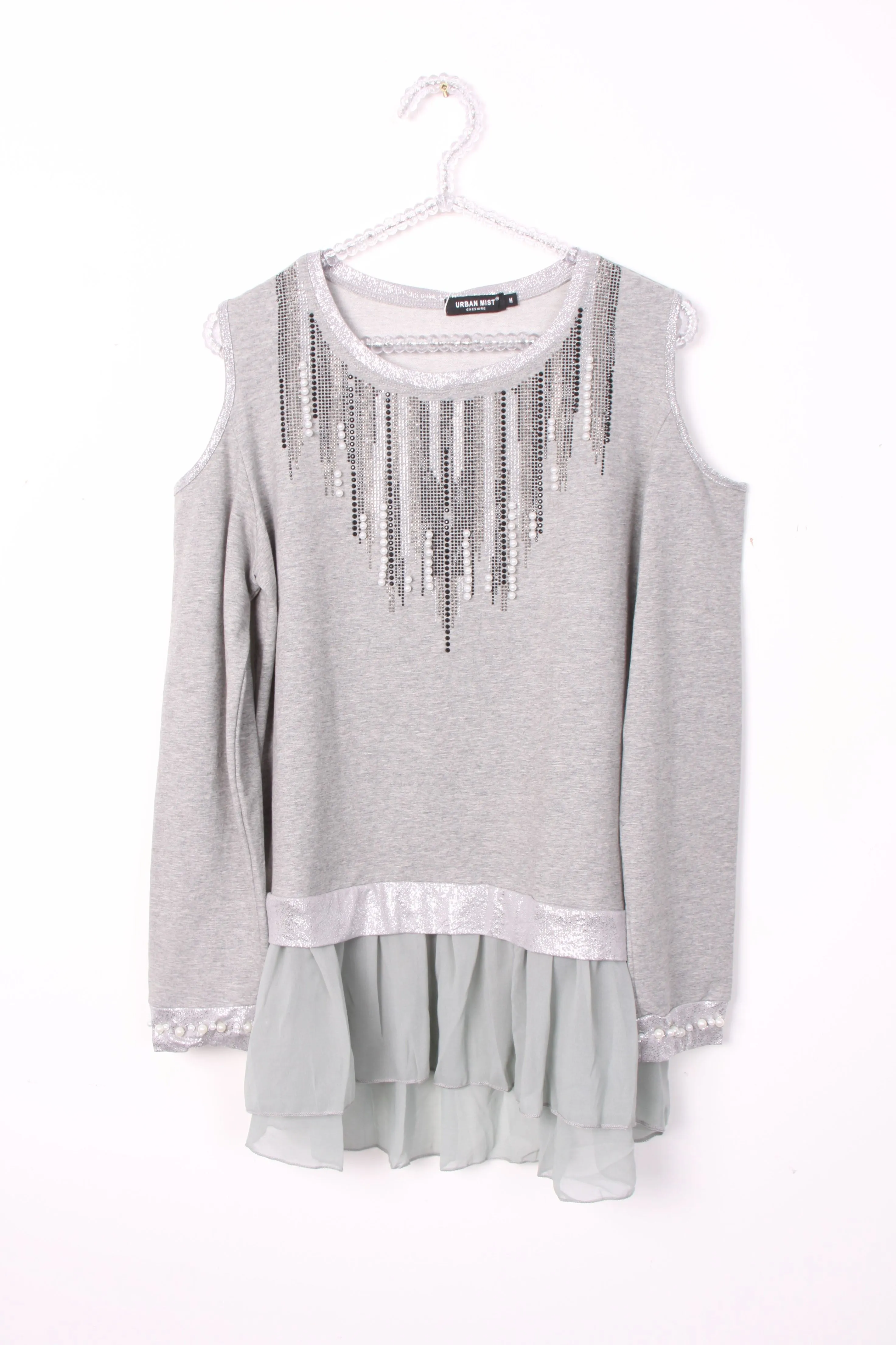 Cold Shoulder Pearl And Diamante Embellished Top with Frills