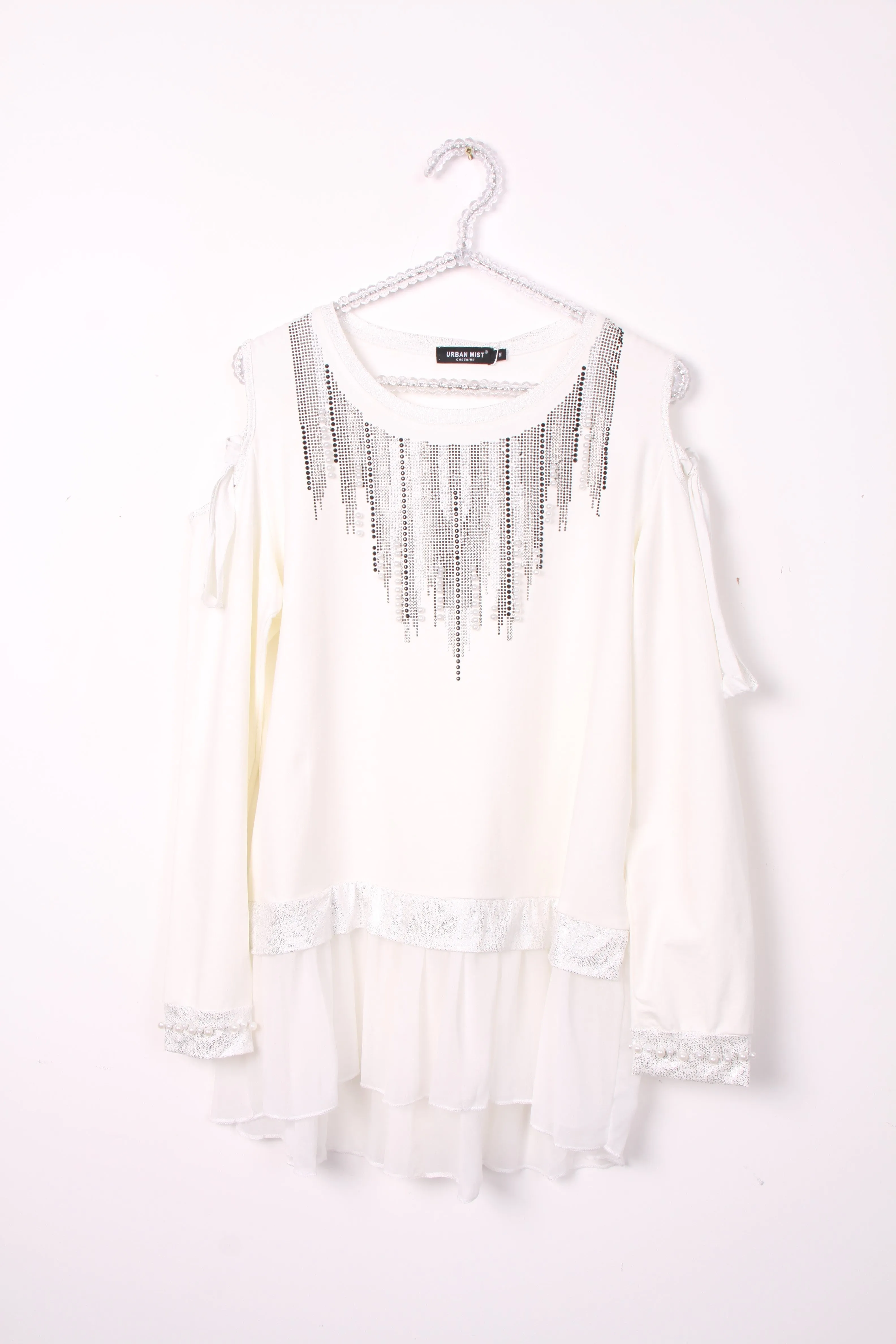 Cold Shoulder Pearl And Diamante Embellished Top with Frills