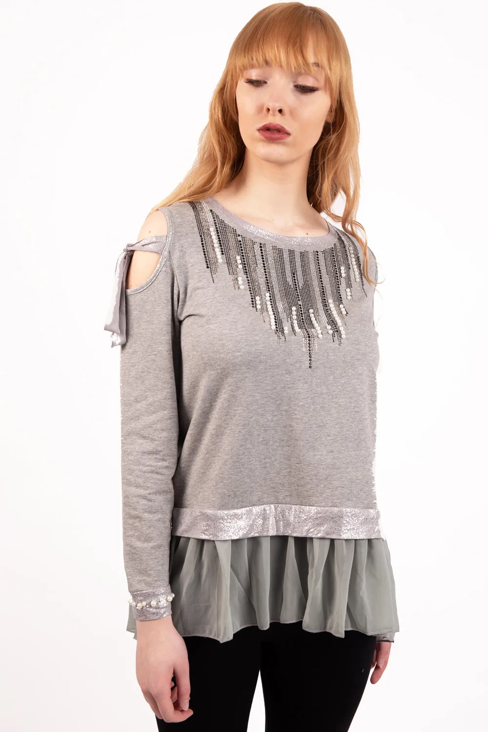 Cold Shoulder Pearl And Diamante Embellished Top with Frills