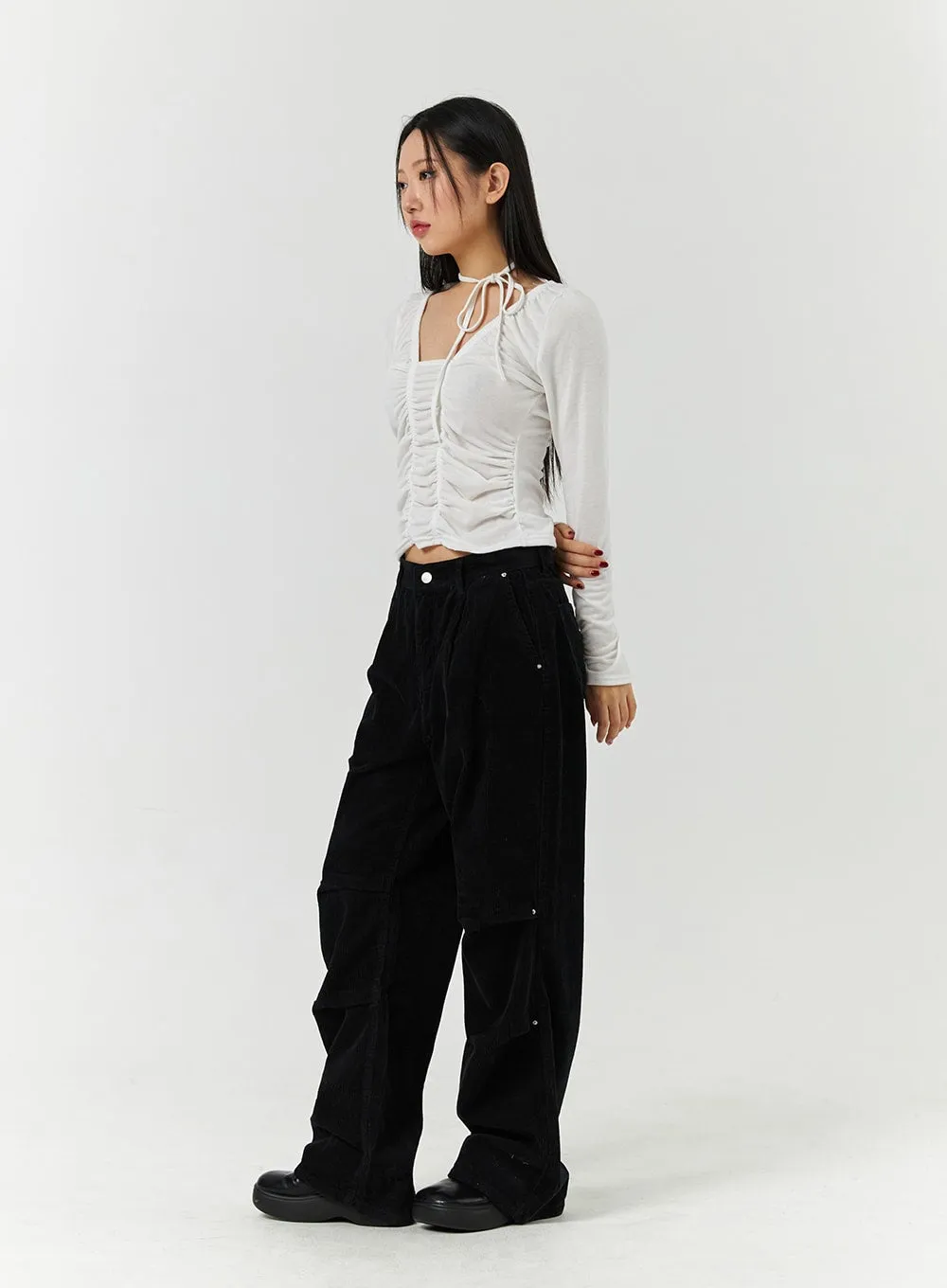 Corduroy Middle Waist Pocket Straight Leg Trousers CD322