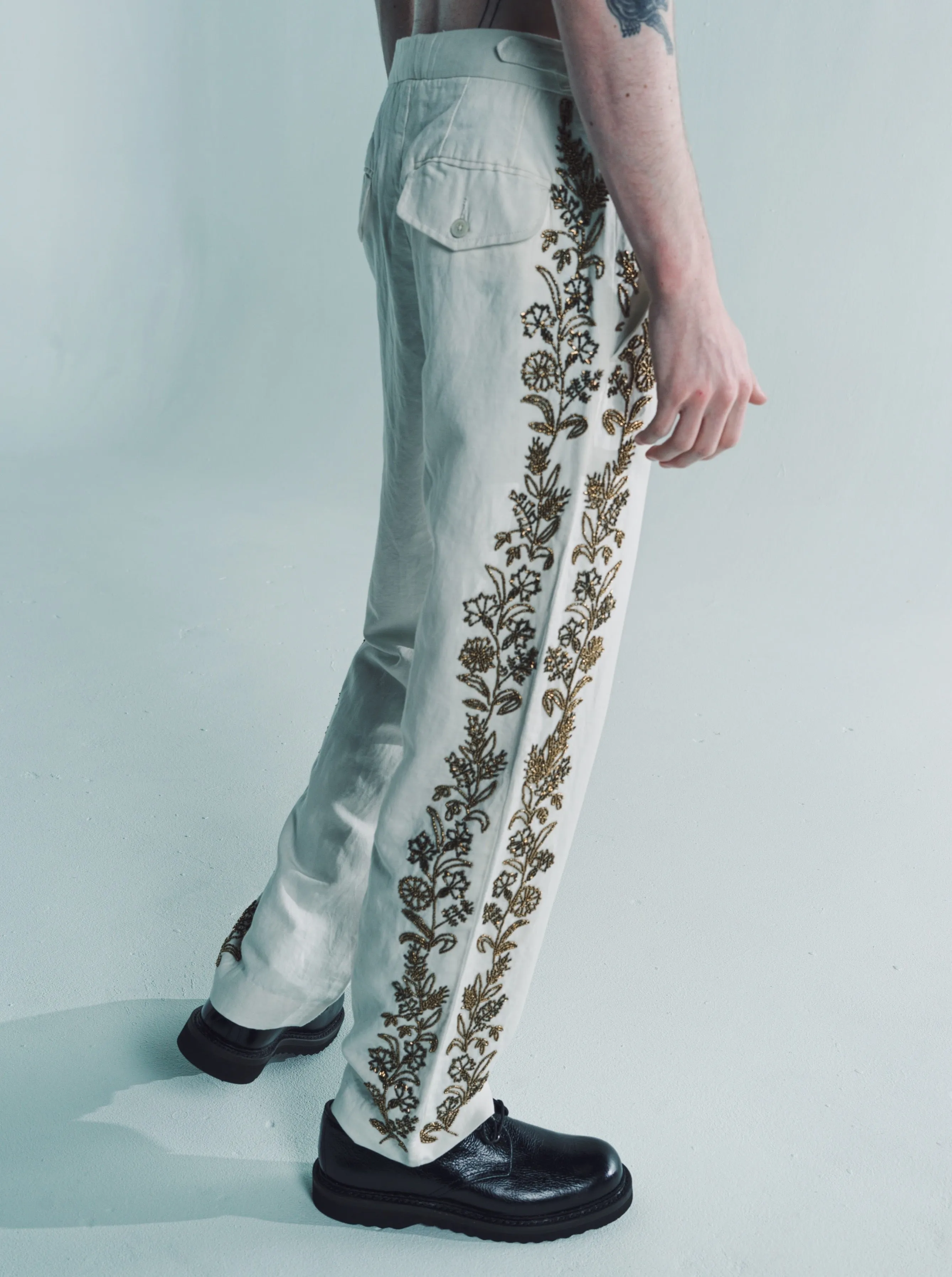 Cream Silk Beaded Wheat Flower Trouser