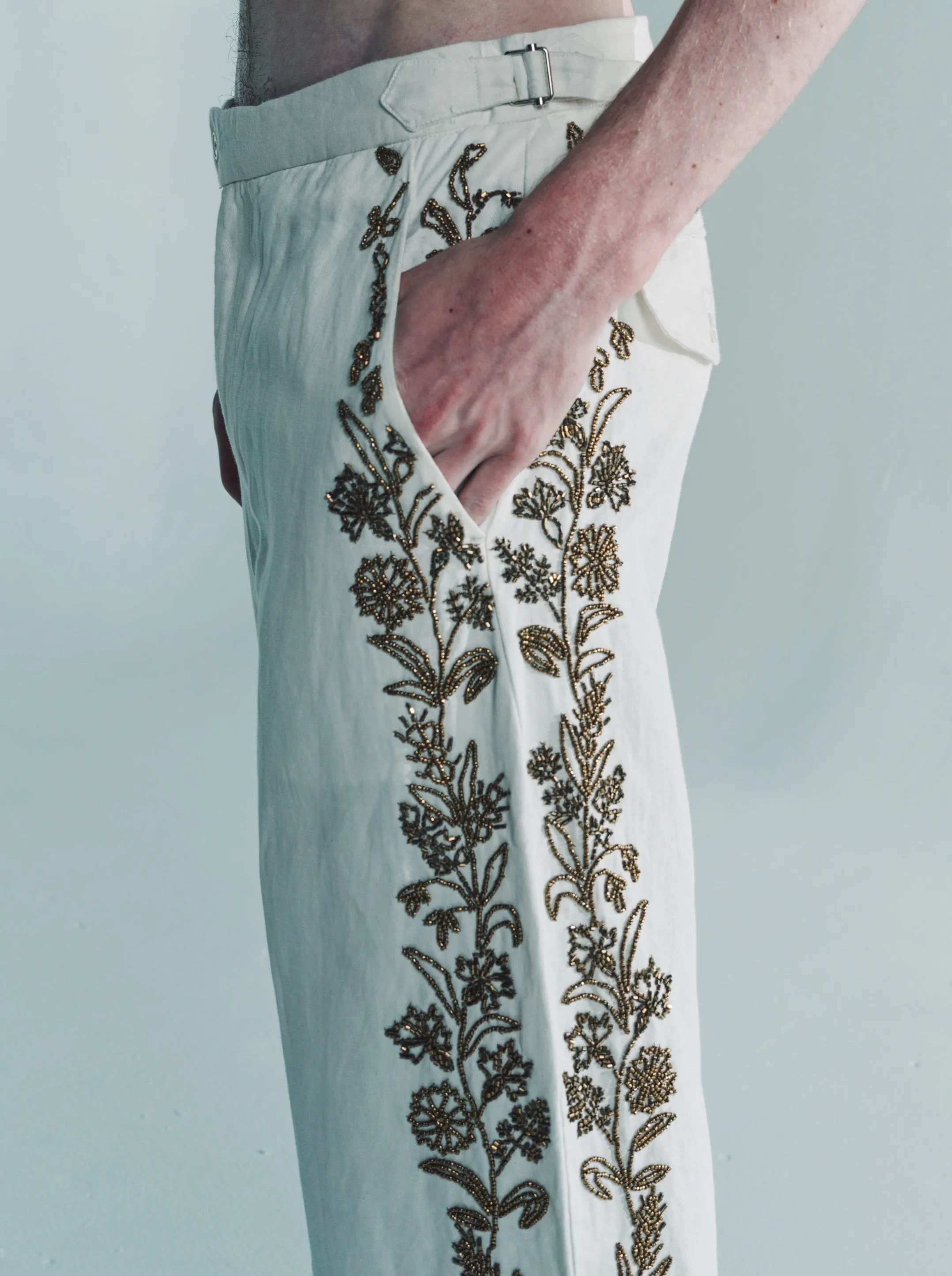 Cream Silk Beaded Wheat Flower Trouser