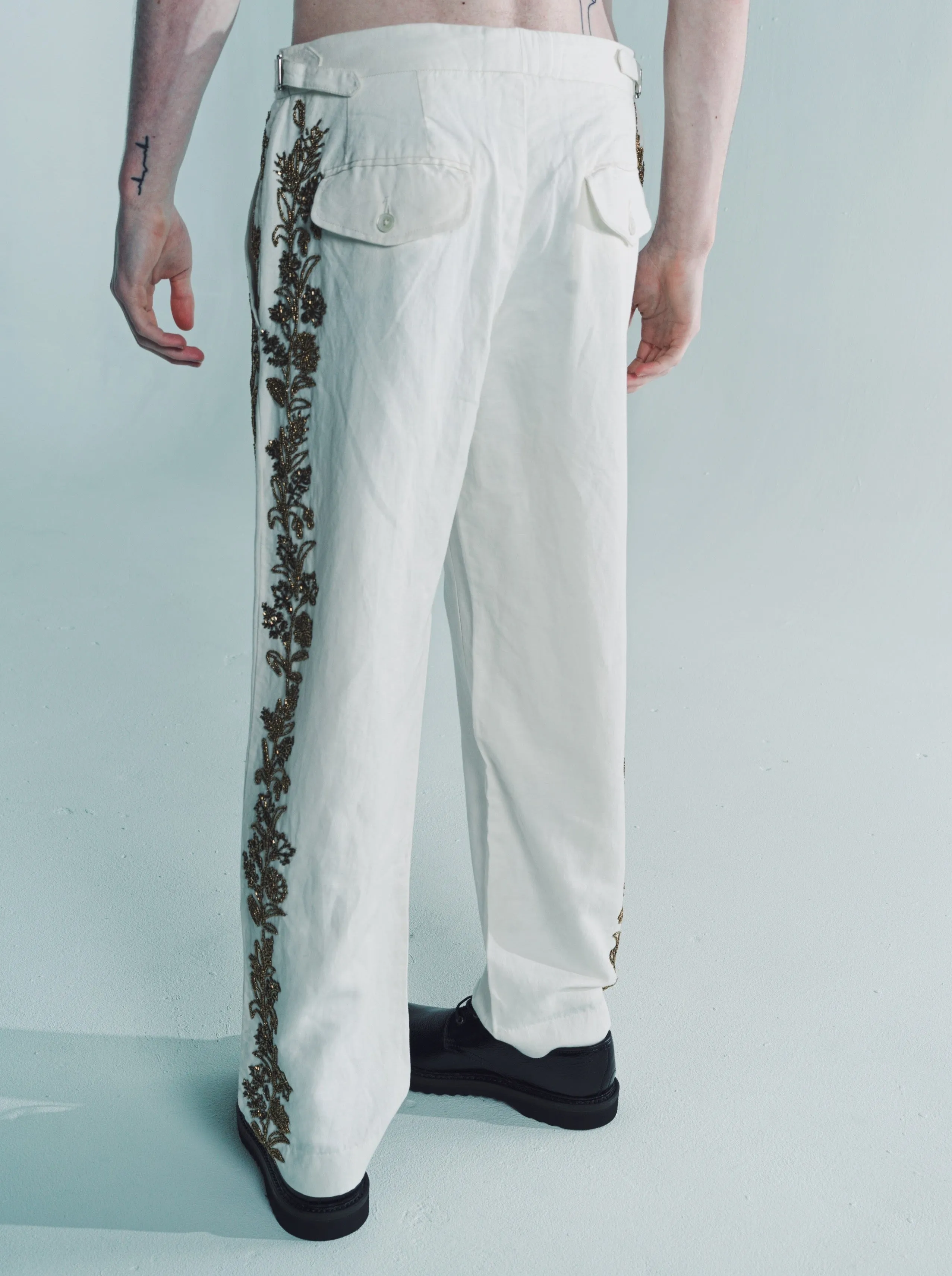 Cream Silk Beaded Wheat Flower Trouser