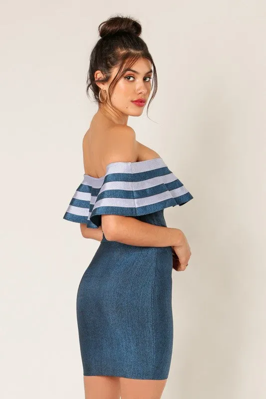 Dark Silver Denim Off Shoulder Crop Bandage Top