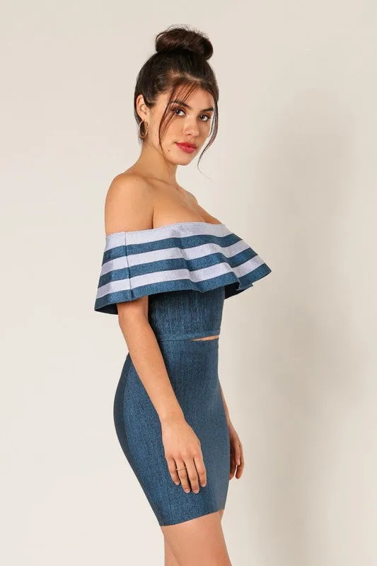 Dark Silver Denim Off Shoulder Crop Bandage Top