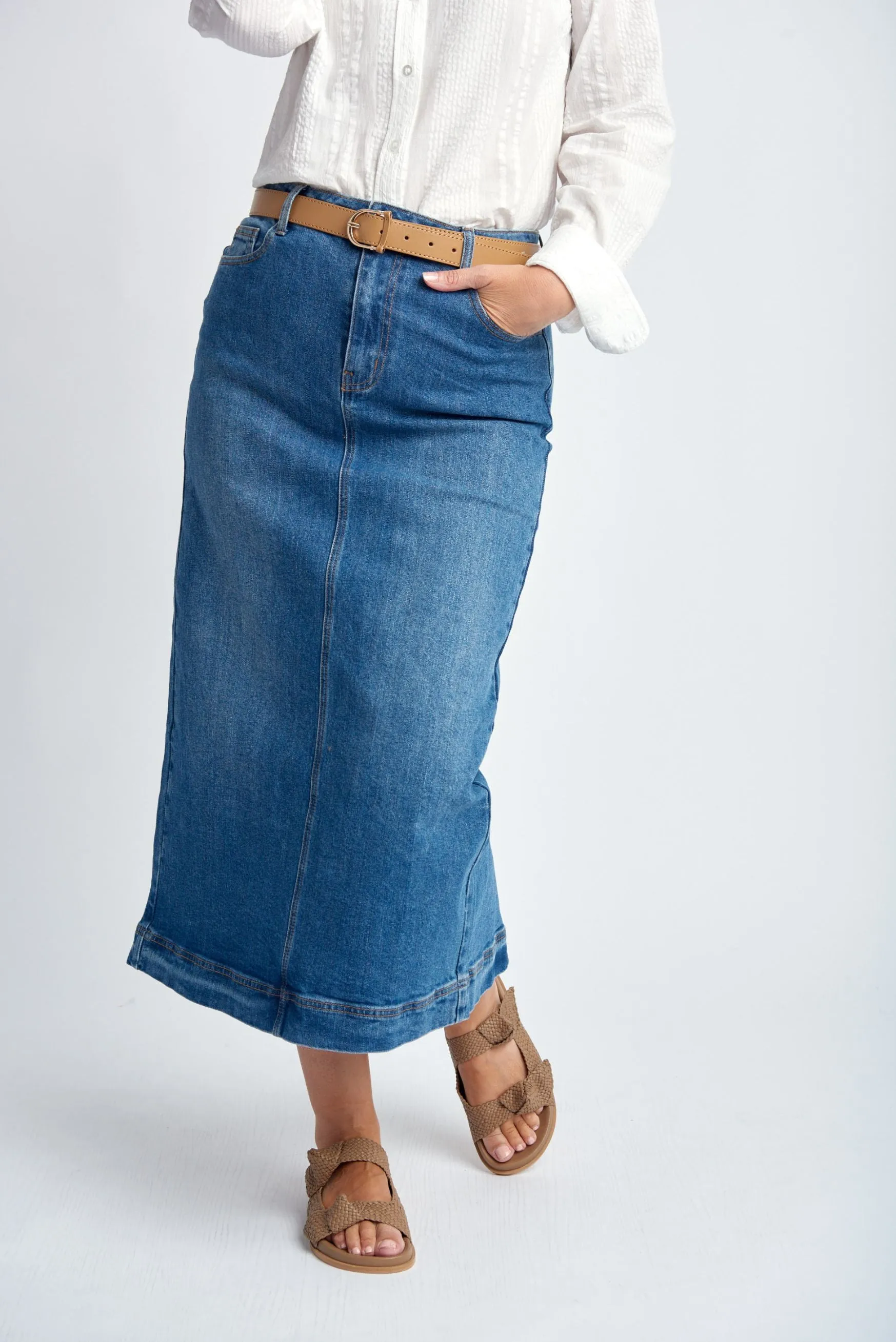 Denim Straight Skirt With Back Split Light Blue