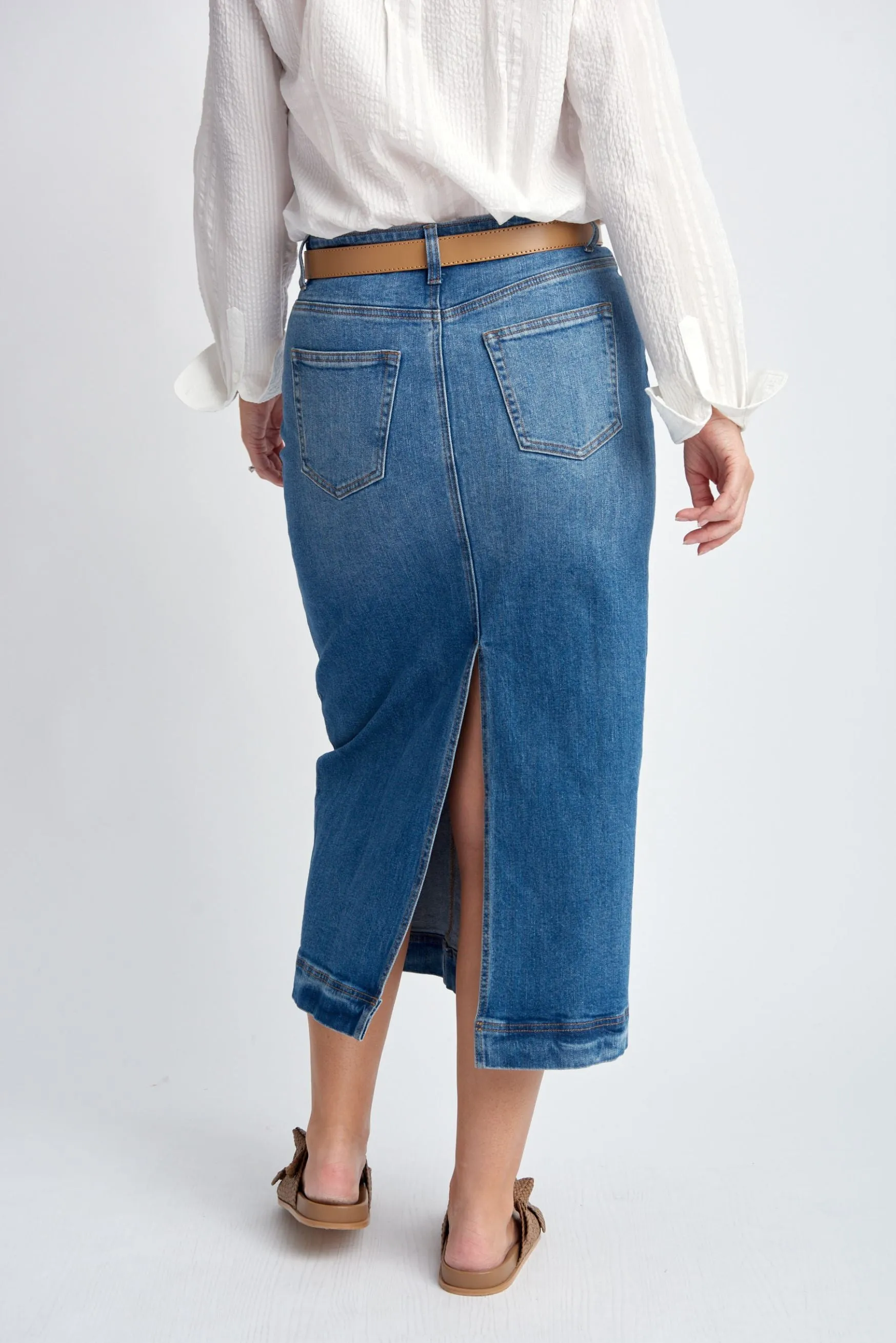 Denim Straight Skirt With Back Split Light Blue