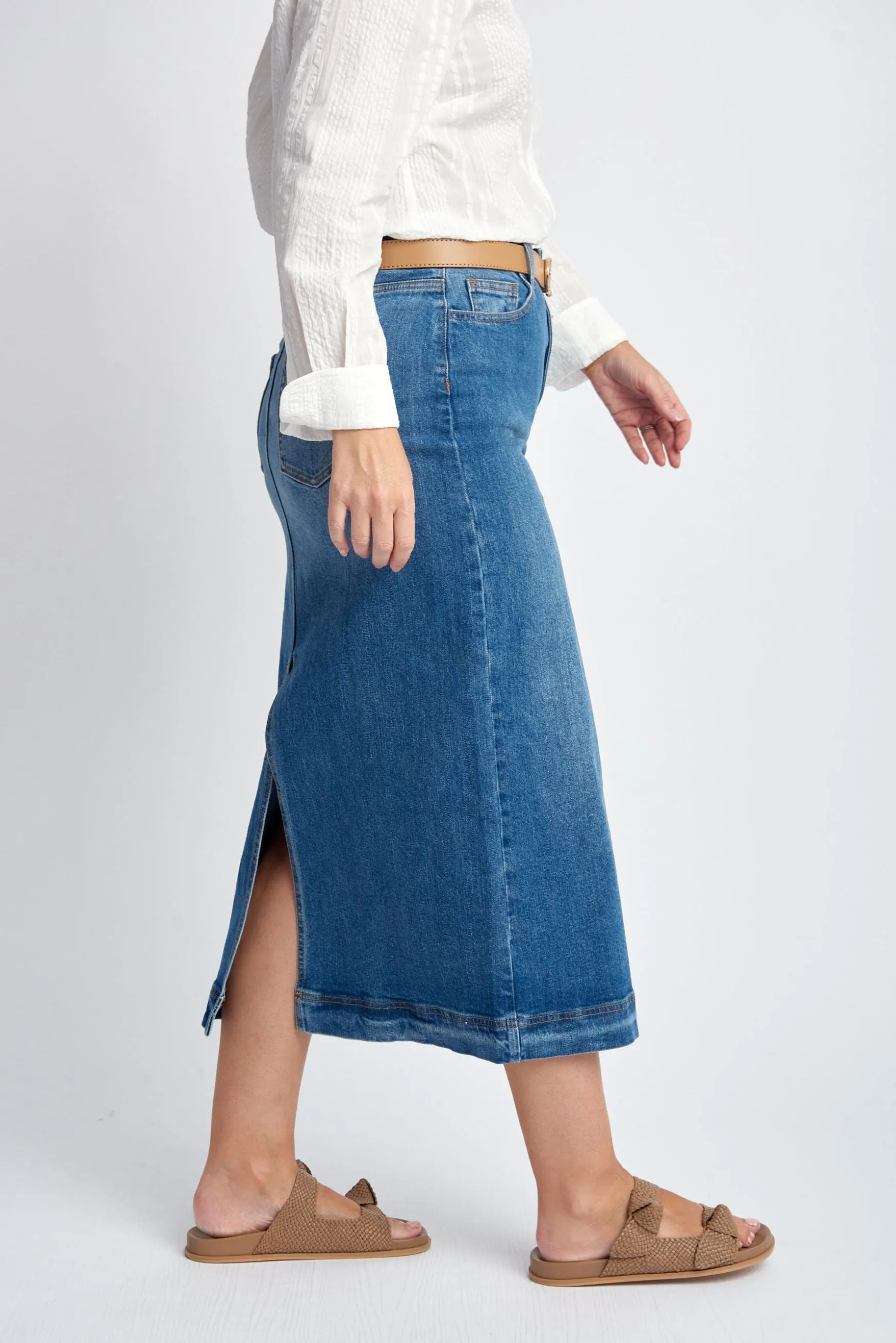 Denim Straight Skirt With Back Split Light Blue