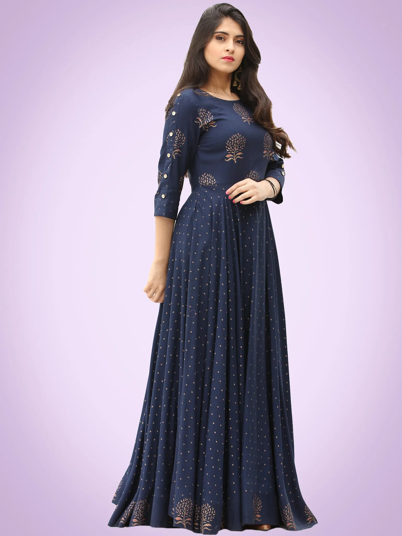 Diba - Indigo Gold Block Printed Long Urave Cut Dress - D384FYYYY