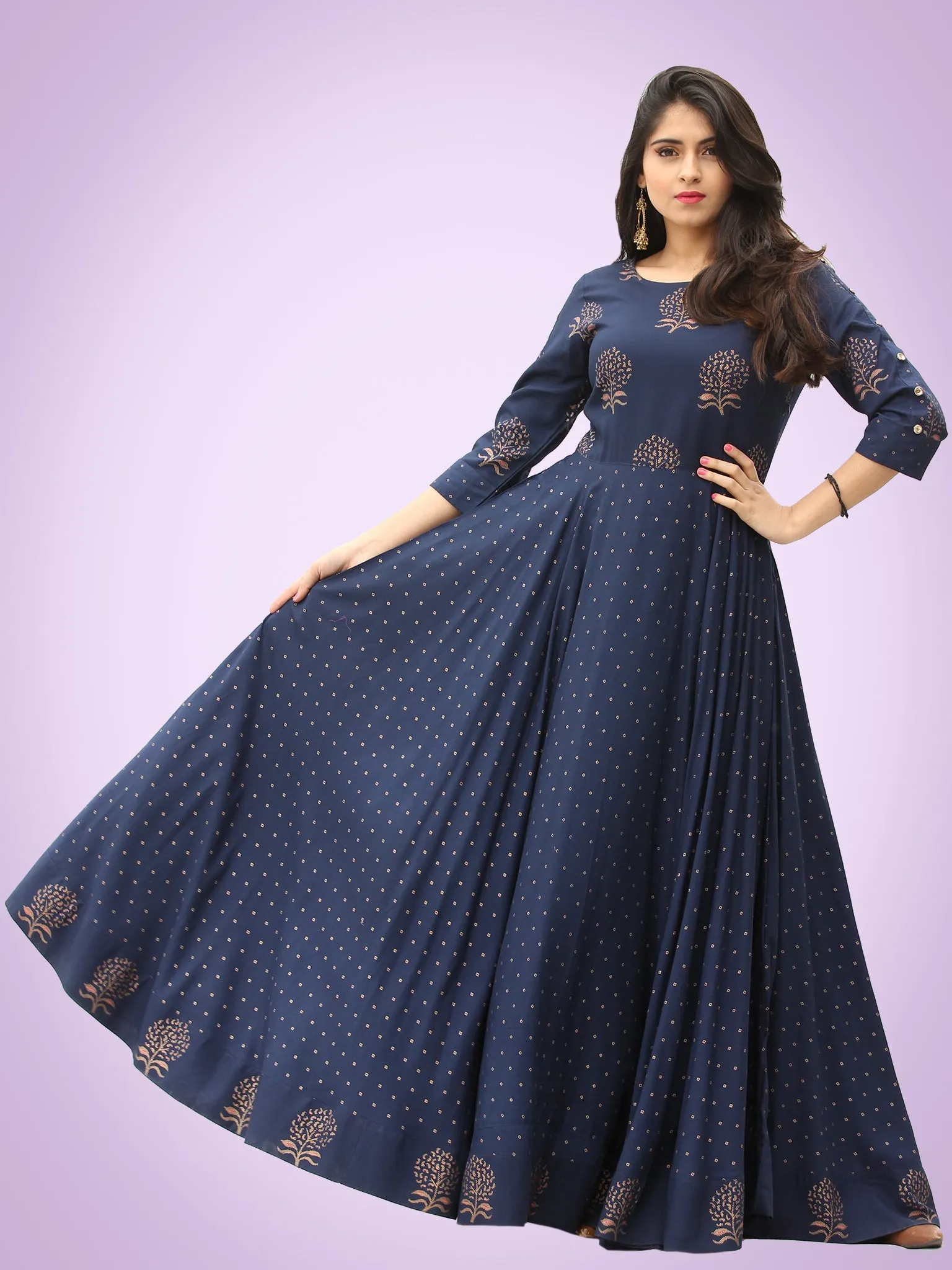 Diba - Indigo Gold Block Printed Long Urave Cut Dress - D384FYYYY