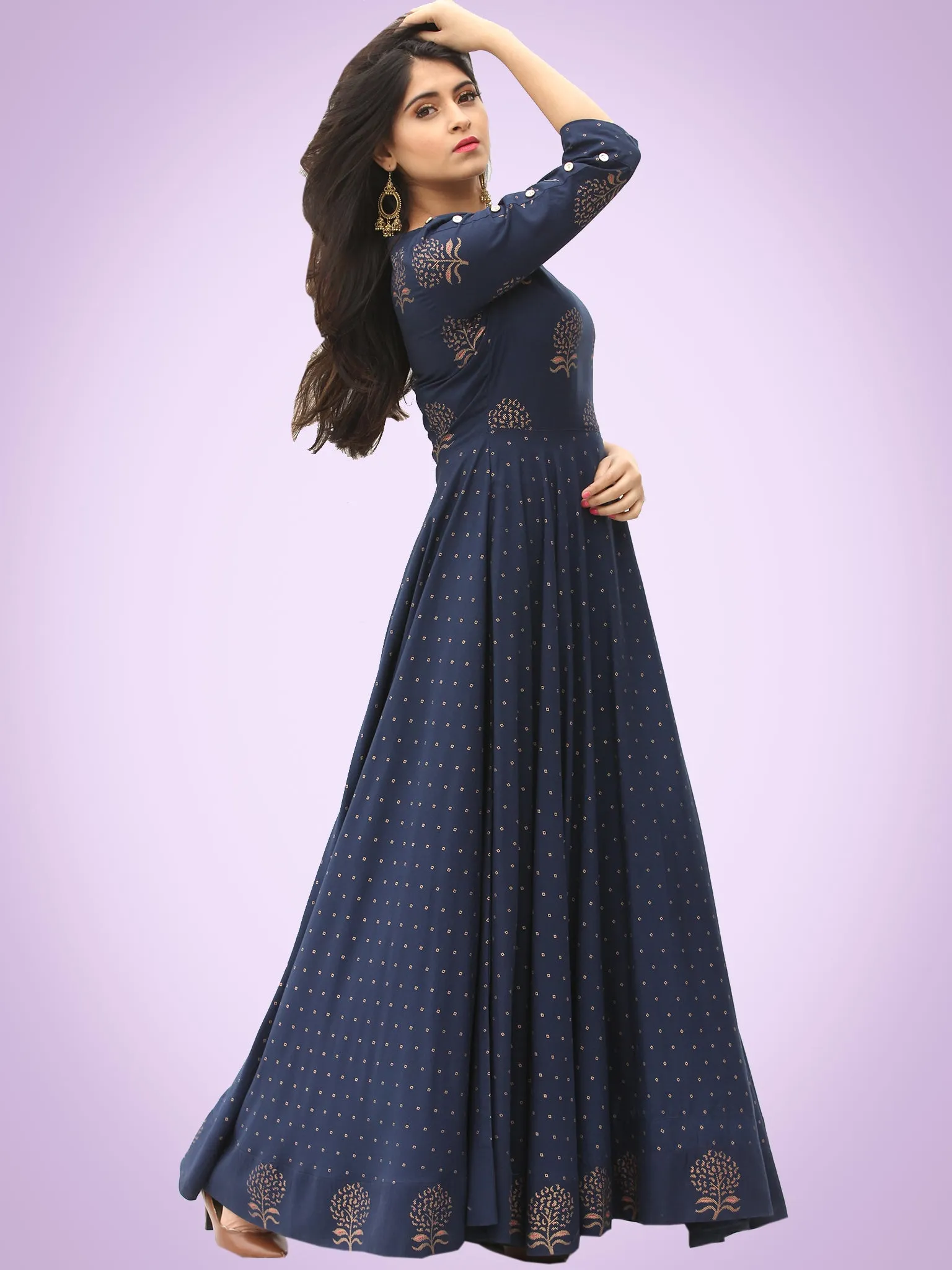 Diba - Indigo Gold Block Printed Long Urave Cut Dress - D384FYYYY