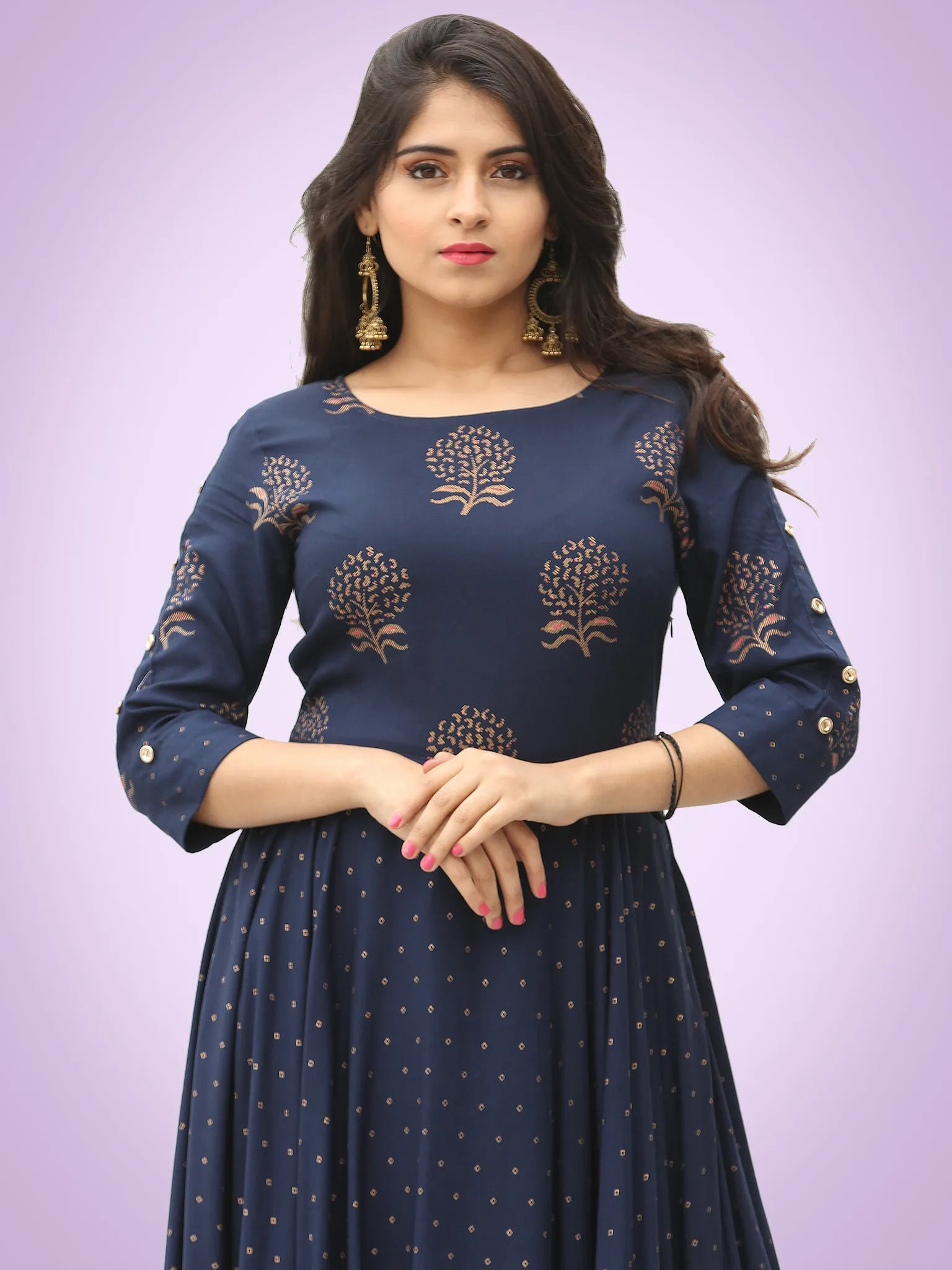 Diba - Indigo Gold Block Printed Long Urave Cut Dress - D384FYYYY