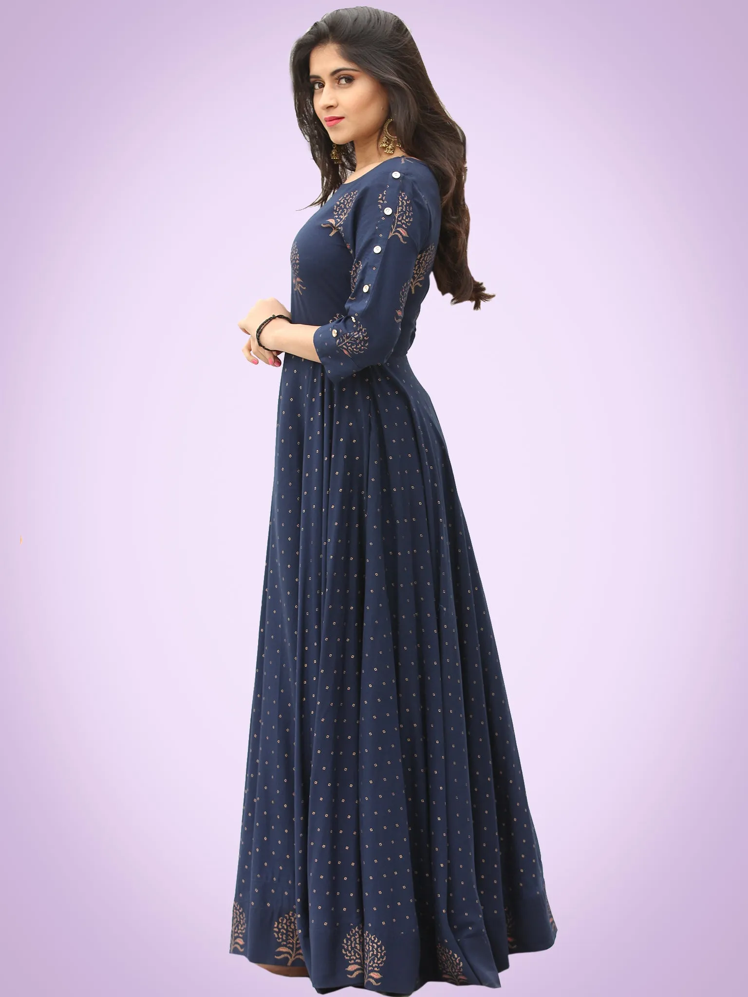 Diba - Indigo Gold Block Printed Long Urave Cut Dress - D384FYYYY