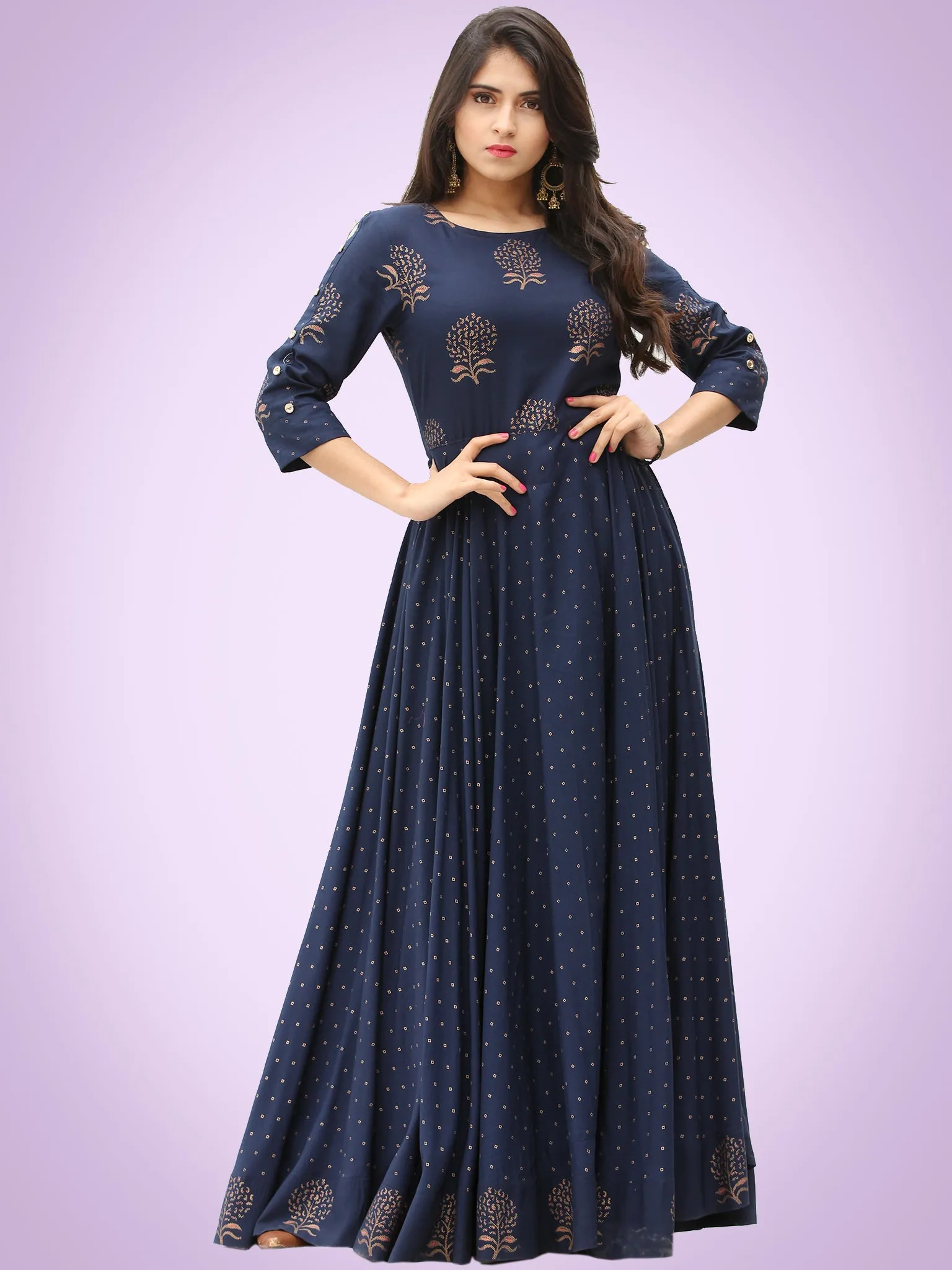 Diba - Indigo Gold Block Printed Long Urave Cut Dress - D384FYYYY