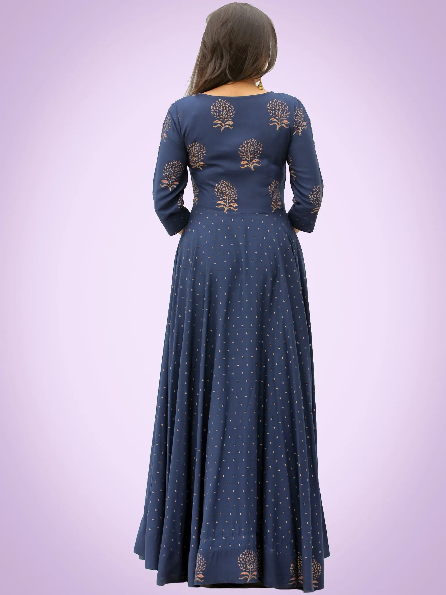 Diba - Indigo Gold Block Printed Long Urave Cut Dress - D384FYYYY