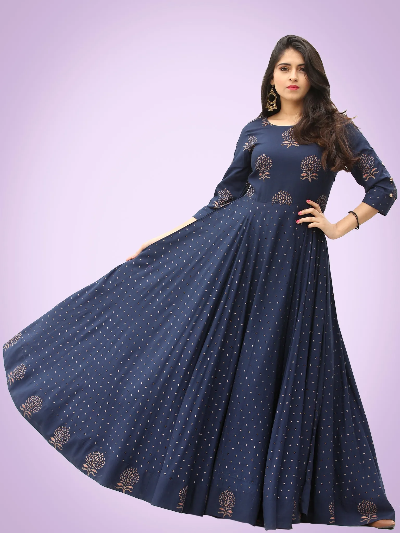 Diba - Indigo Gold Block Printed Long Urave Cut Dress - D384FYYYY