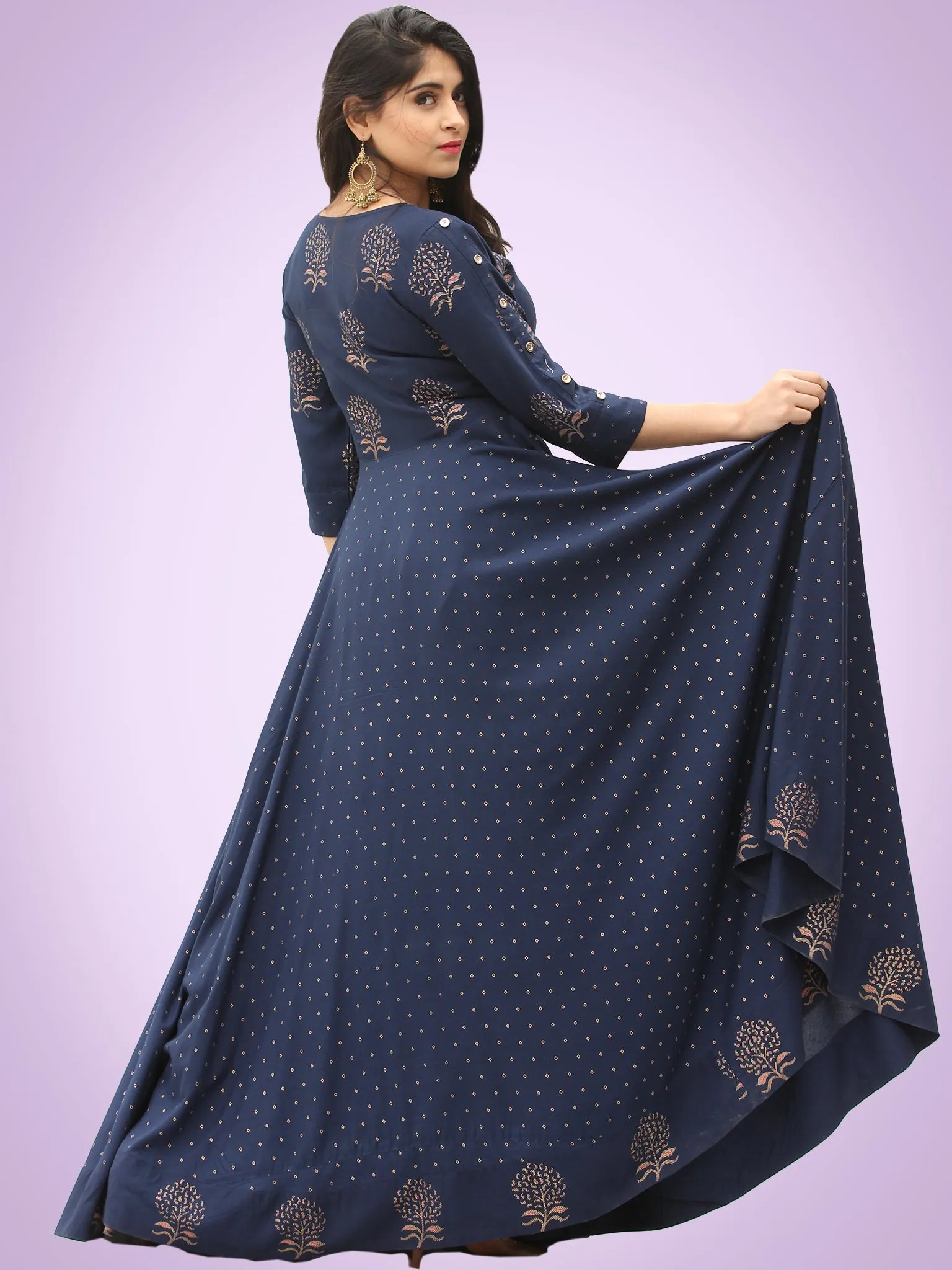 Diba - Indigo Gold Block Printed Long Urave Cut Dress - D384FYYYY