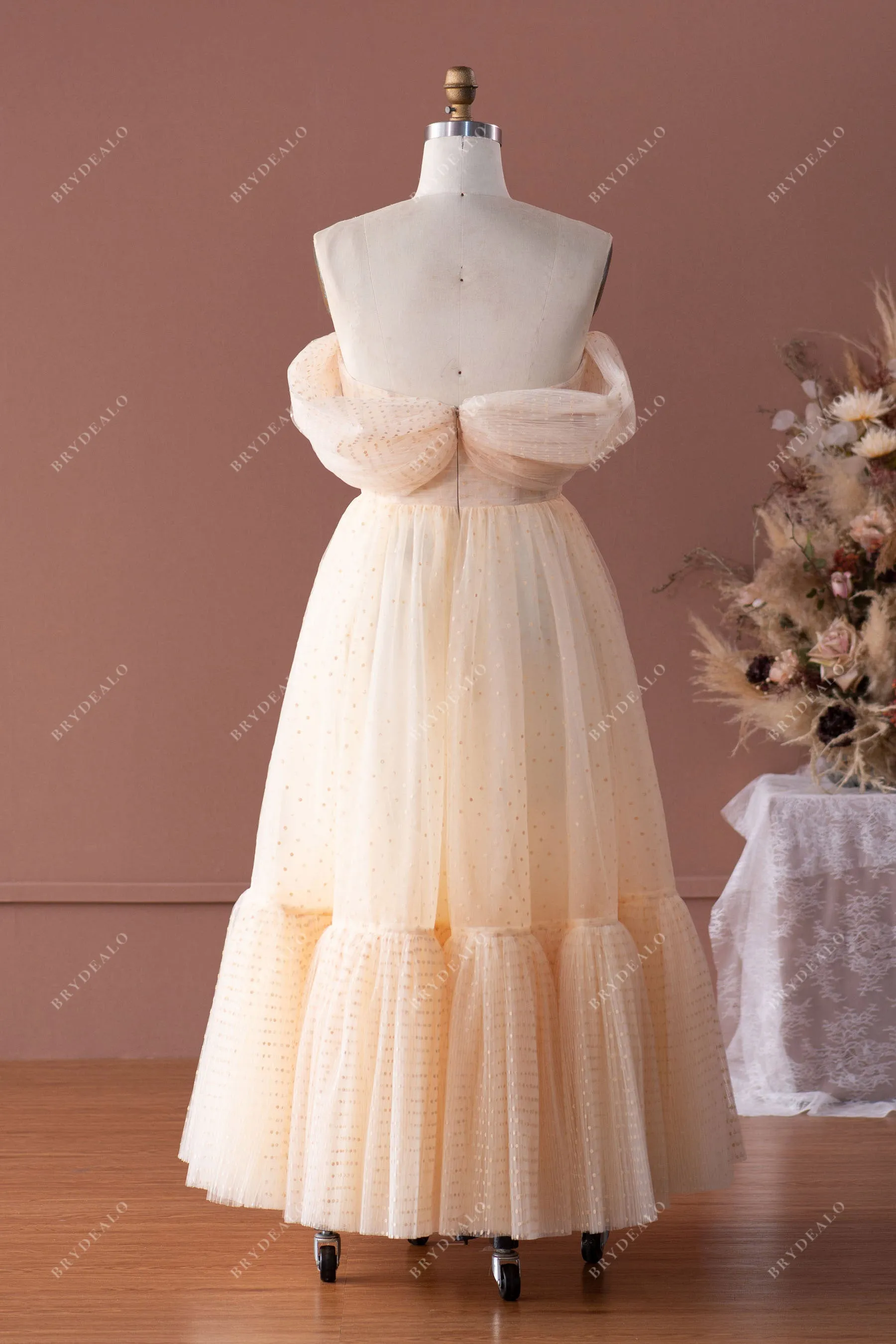 Dot Tulle Off Shoulder Tea Length Formal Dress