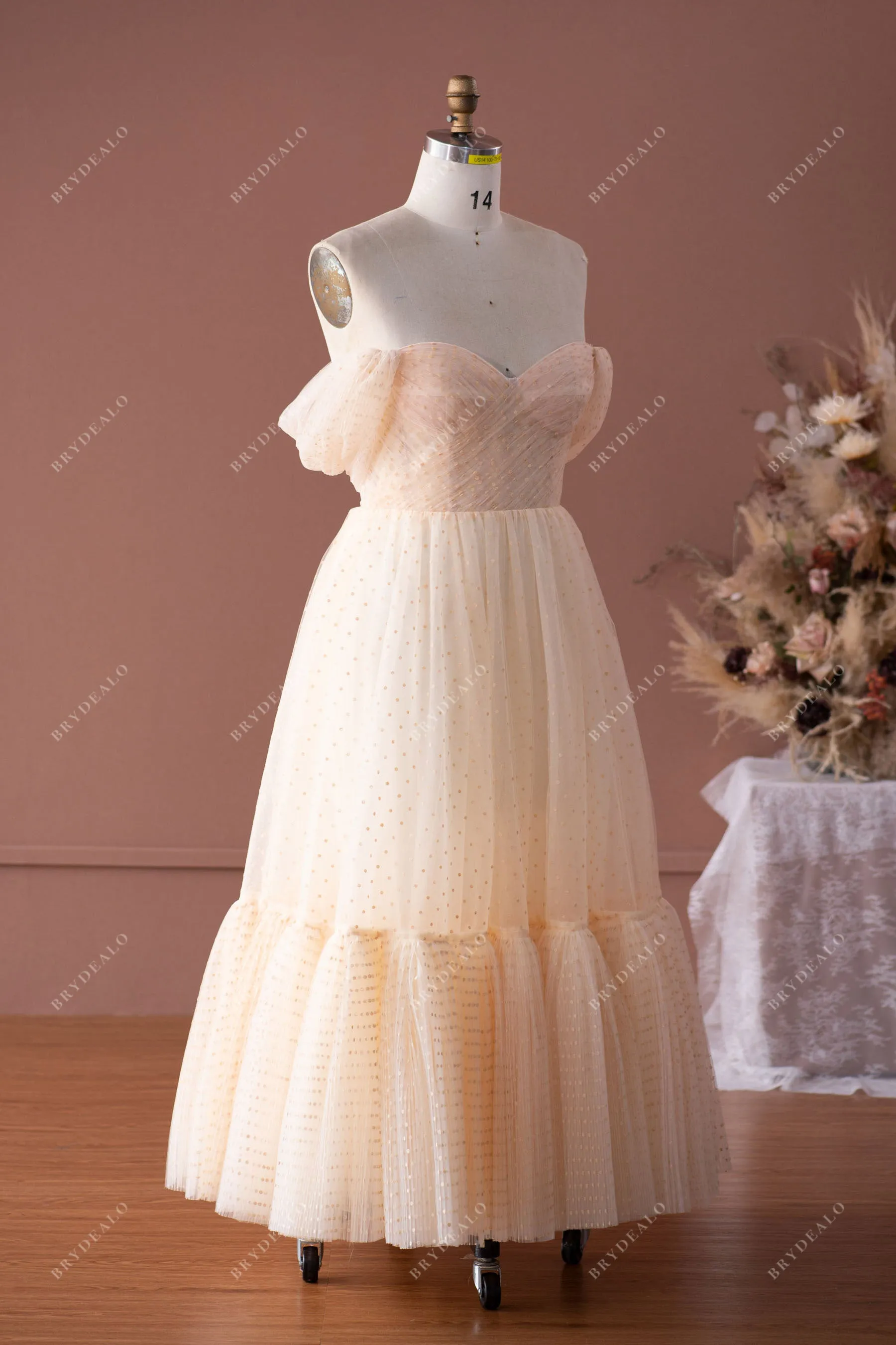 Dot Tulle Off Shoulder Tea Length Formal Dress