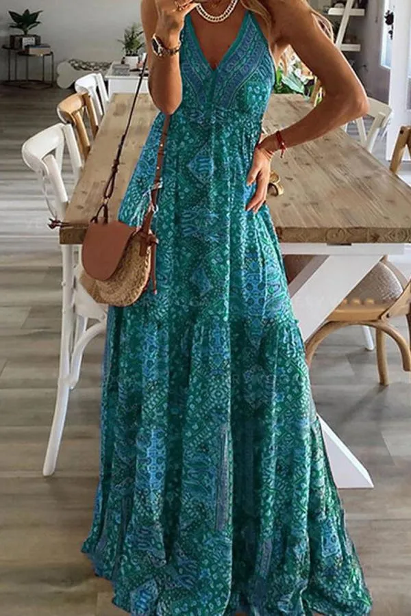 Dunnmall Bohemian Printed Sling Long Dress