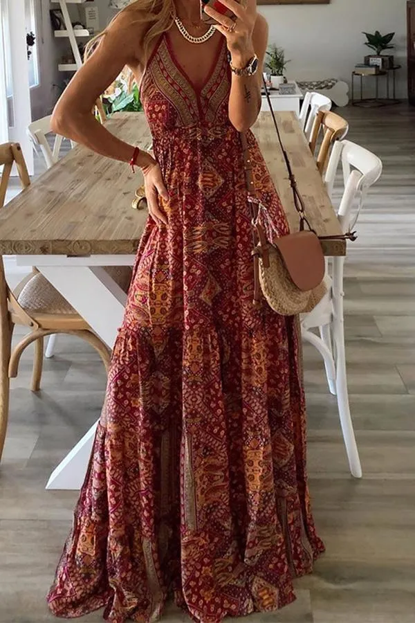 Dunnmall Bohemian Printed Sling Long Dress