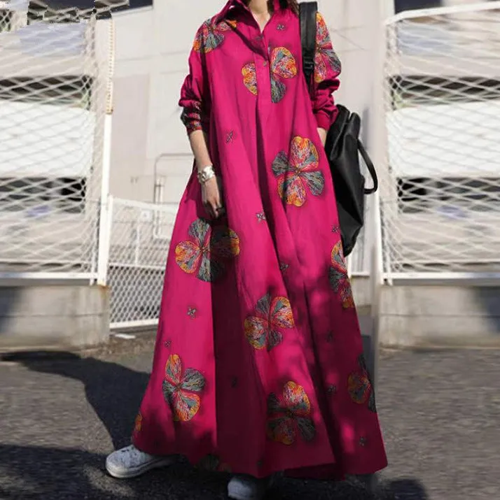 DUNNMALL  Spring Printed Cotton and Linen Retro Ethnic Style Loose Long Sleeve Big Hem Dress