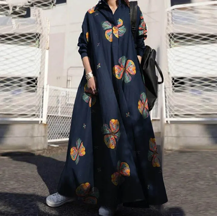 DUNNMALL  Spring Printed Cotton and Linen Retro Ethnic Style Loose Long Sleeve Big Hem Dress