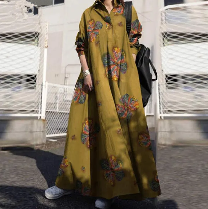 DUNNMALL  Spring Printed Cotton and Linen Retro Ethnic Style Loose Long Sleeve Big Hem Dress