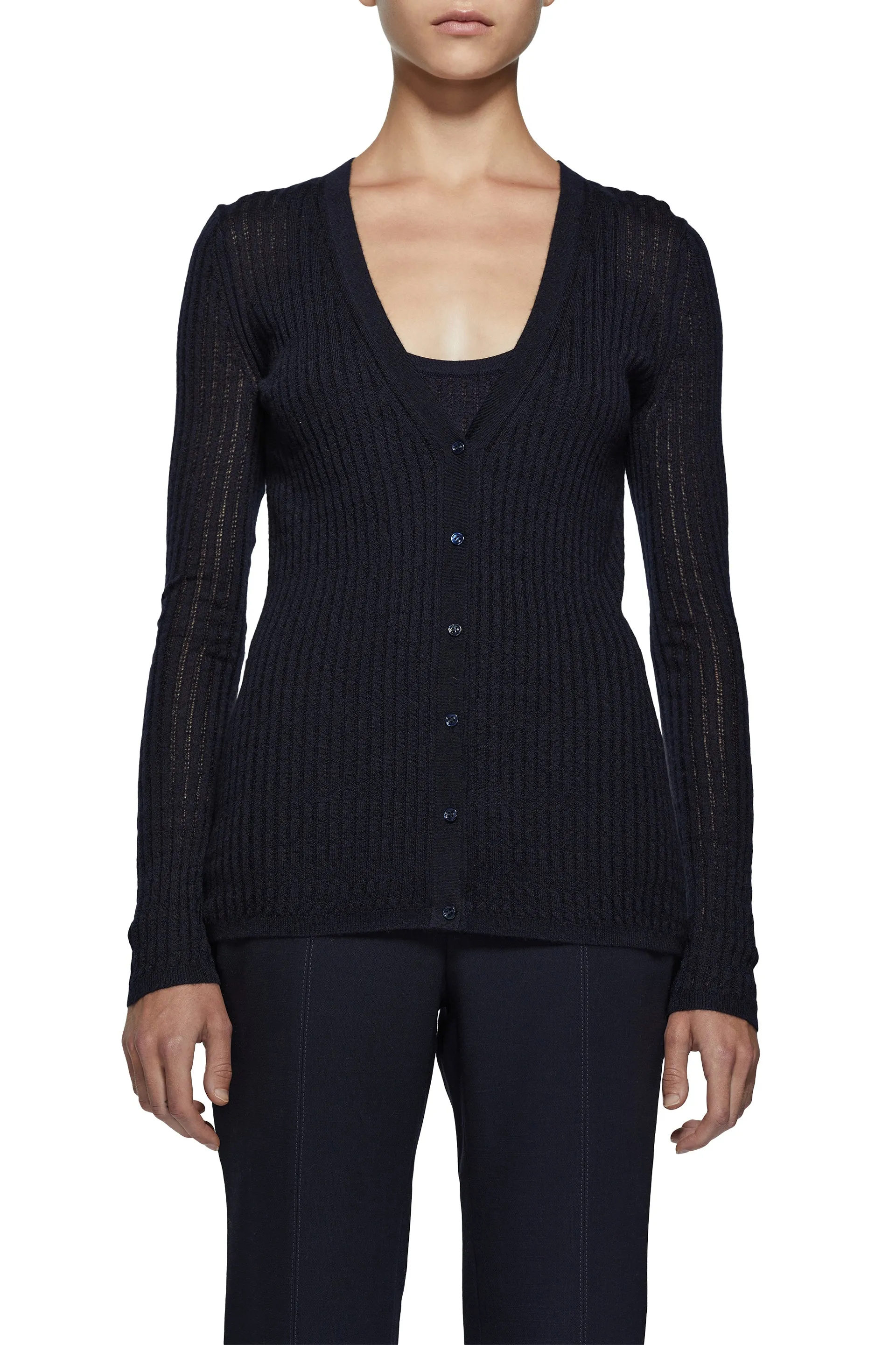 Emma Pointelle Knit Cardigan in Dark Navy Cashmere Silk