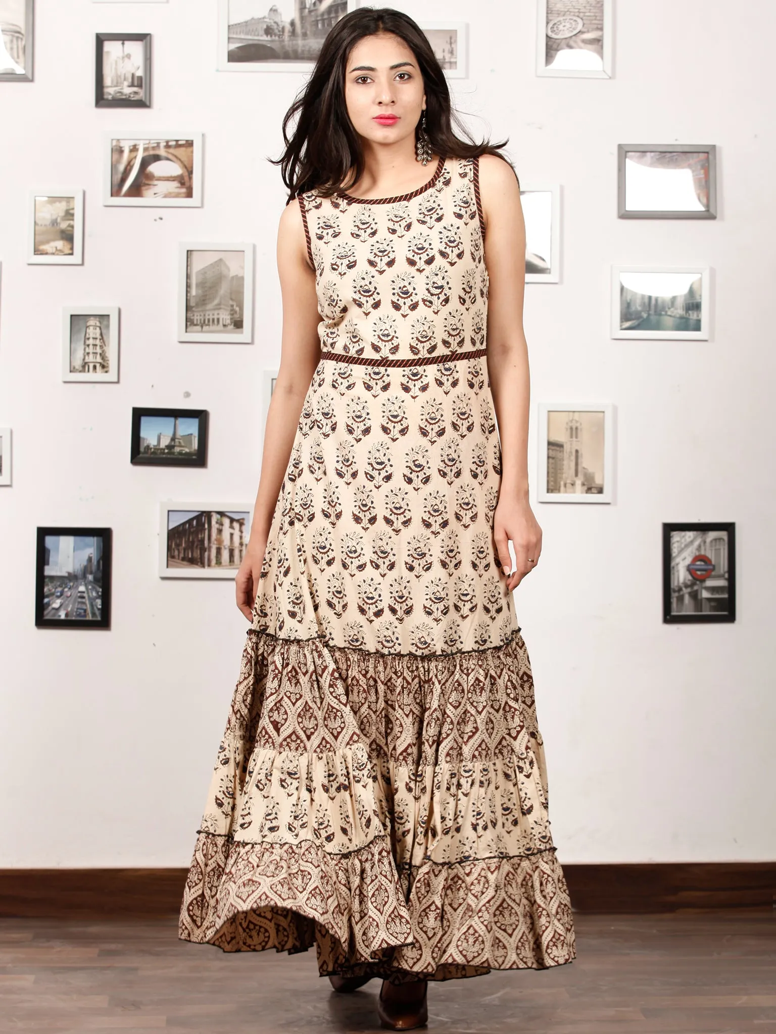 ENGAGE BEIGE - Hand Block Printed Cotton Long Sleeveless Dress - D319F1338