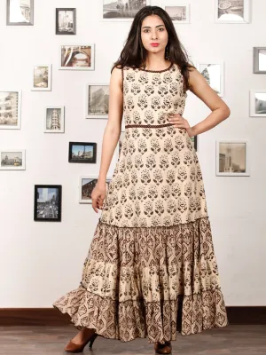 ENGAGE BEIGE - Hand Block Printed Cotton Long Sleeveless Dress - D319F1338