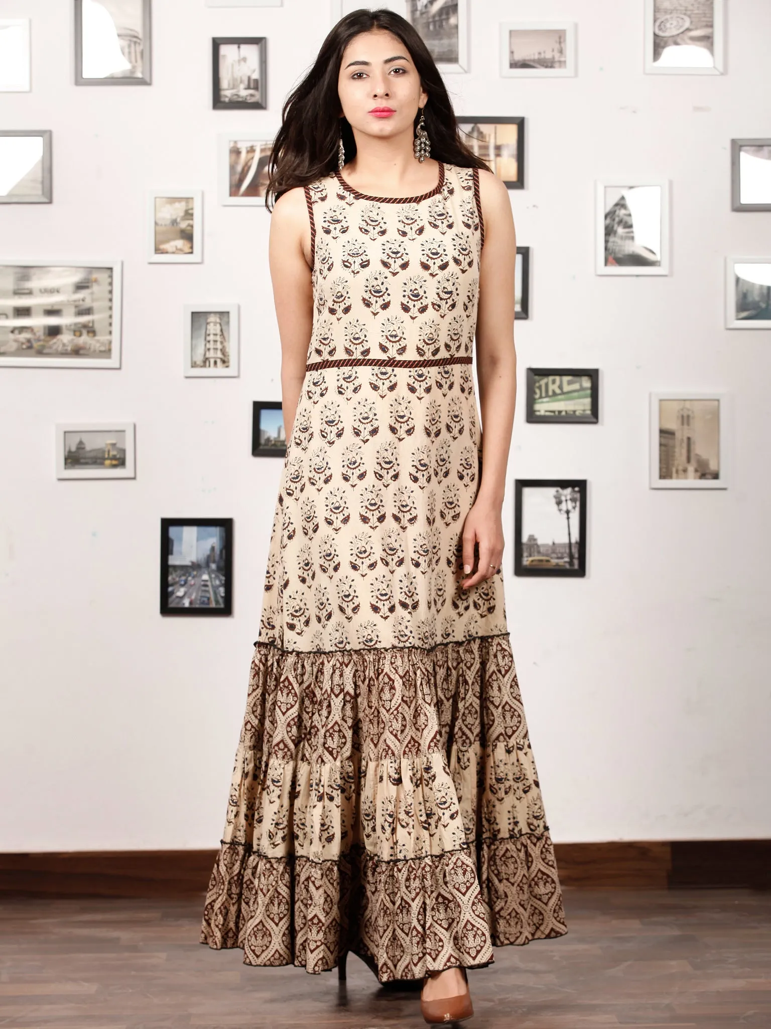 ENGAGE BEIGE - Hand Block Printed Cotton Long Sleeveless Dress - D319F1338