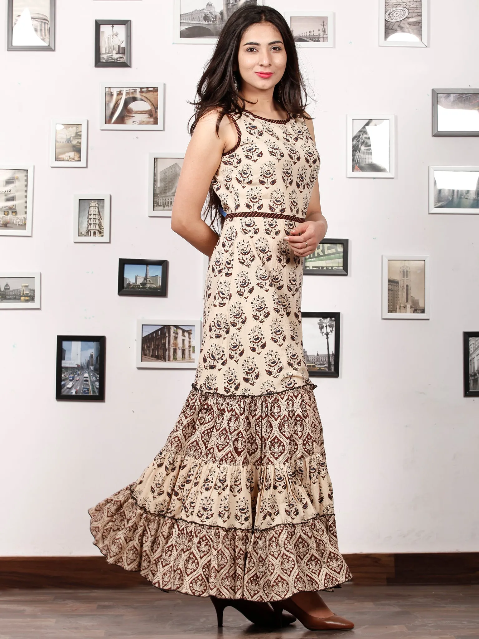 ENGAGE BEIGE - Hand Block Printed Cotton Long Sleeveless Dress - D319F1338