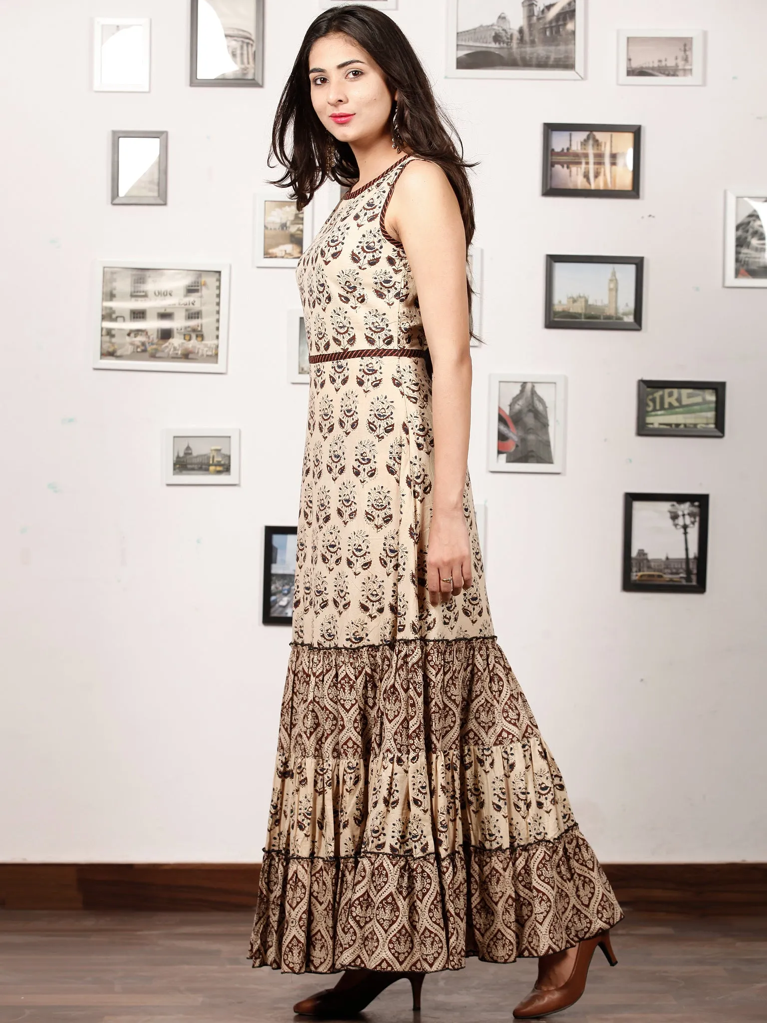 ENGAGE BEIGE - Hand Block Printed Cotton Long Sleeveless Dress - D319F1338