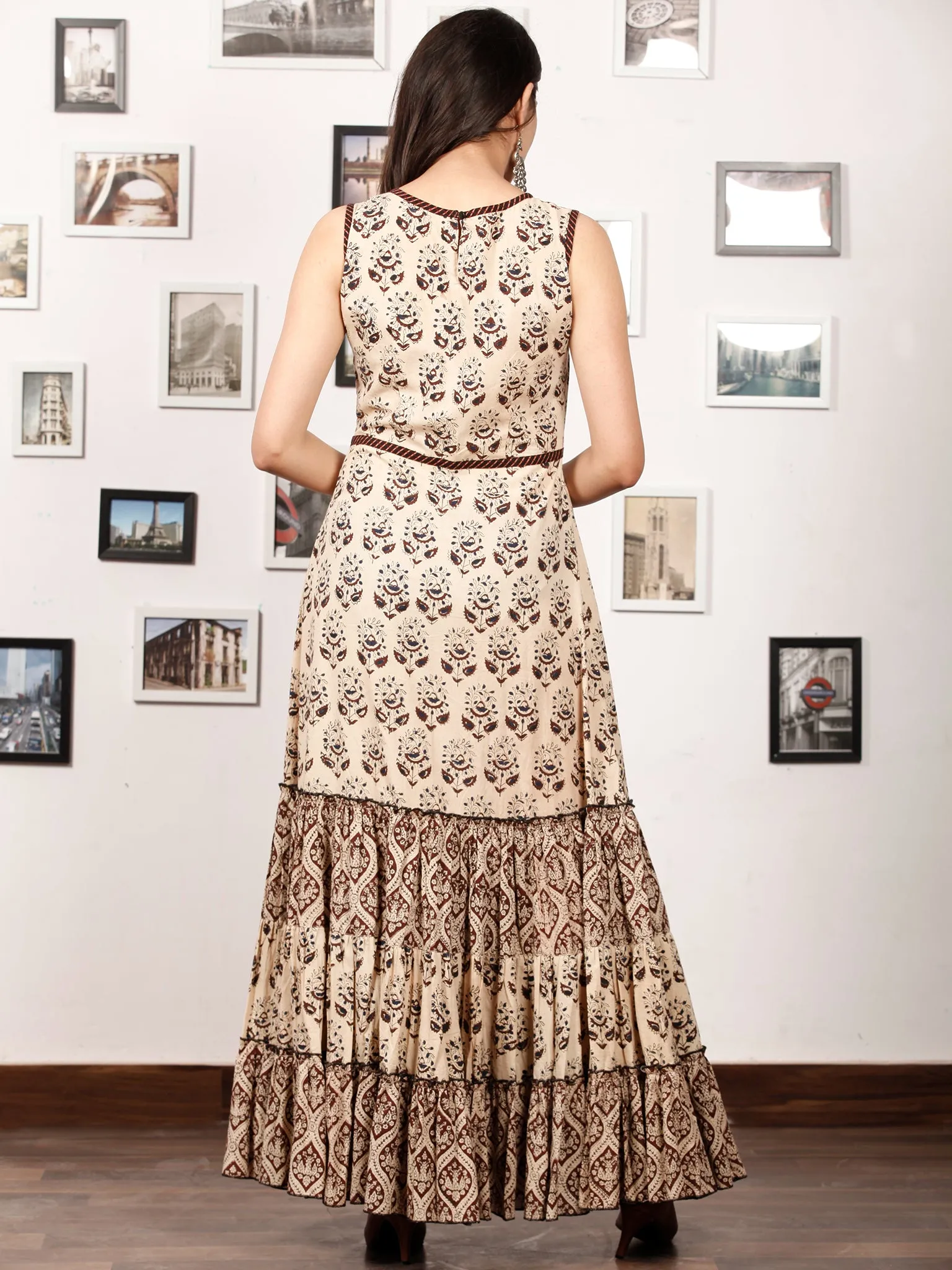 ENGAGE BEIGE - Hand Block Printed Cotton Long Sleeveless Dress - D319F1338