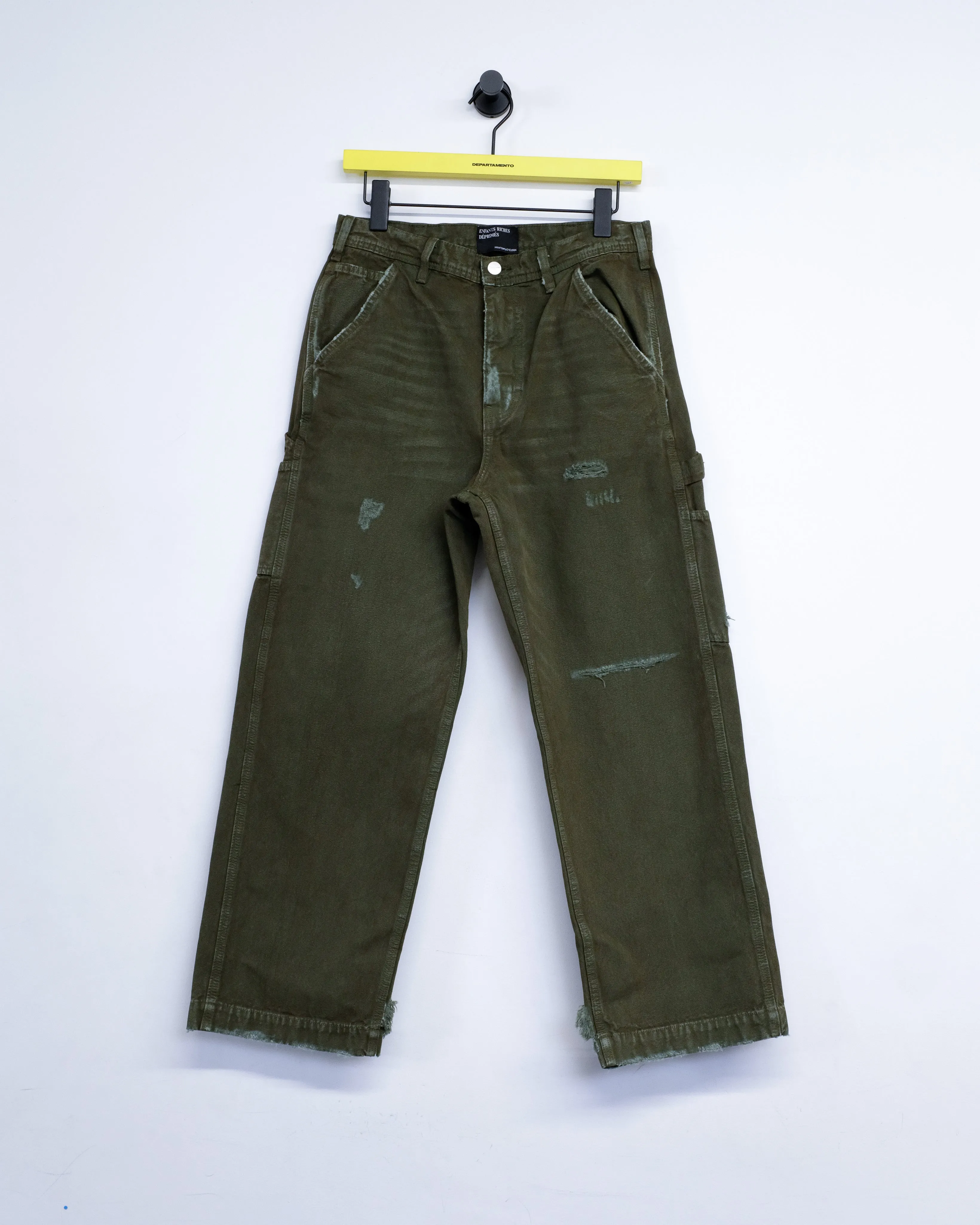 Faded Green Destroyed Canvas Paint Pants