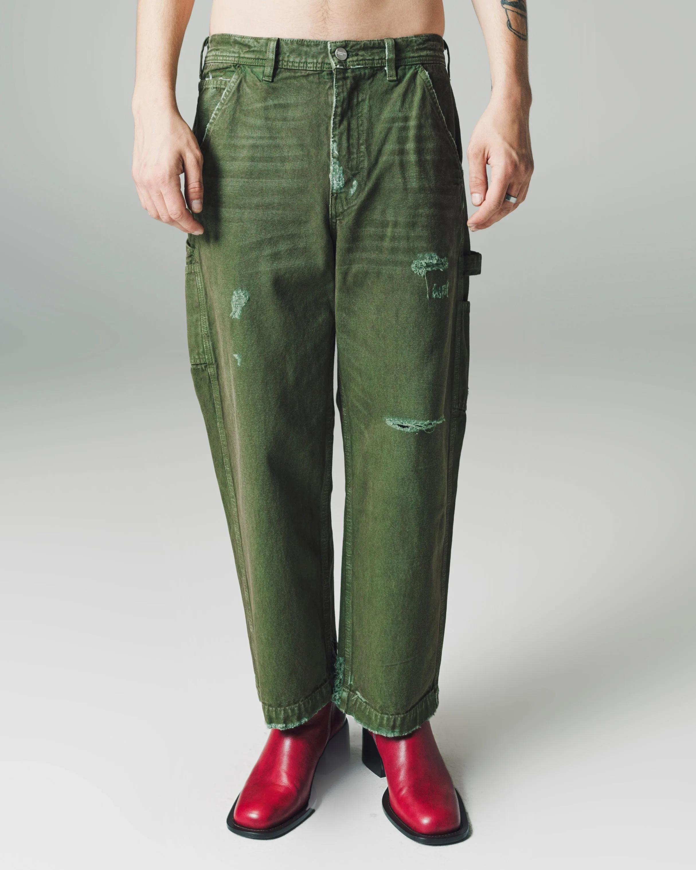 Faded Green Destroyed Canvas Paint Pants