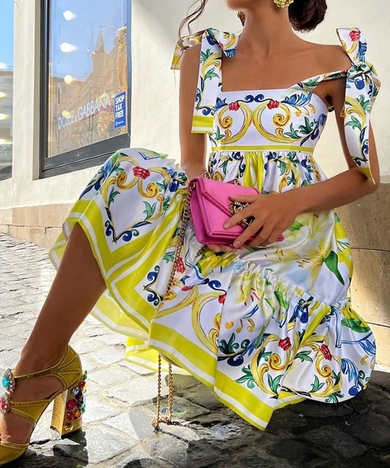 Floral Flower Child Design Sleeveless Sling Midi Dress