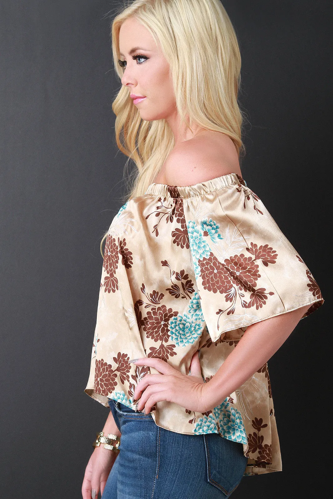 Floral Print Satin Off The Shoulder Top