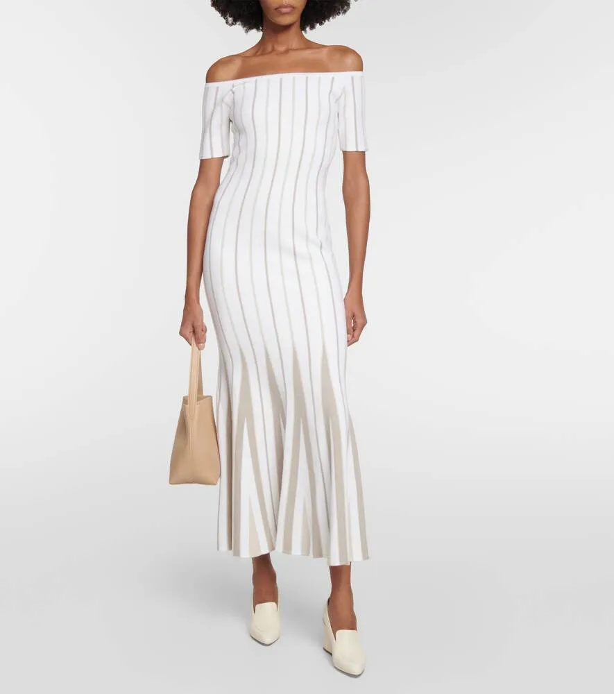 GABRIELA HEARST Striped Virgin Wool Off Shoulder Maxi Dress neutral