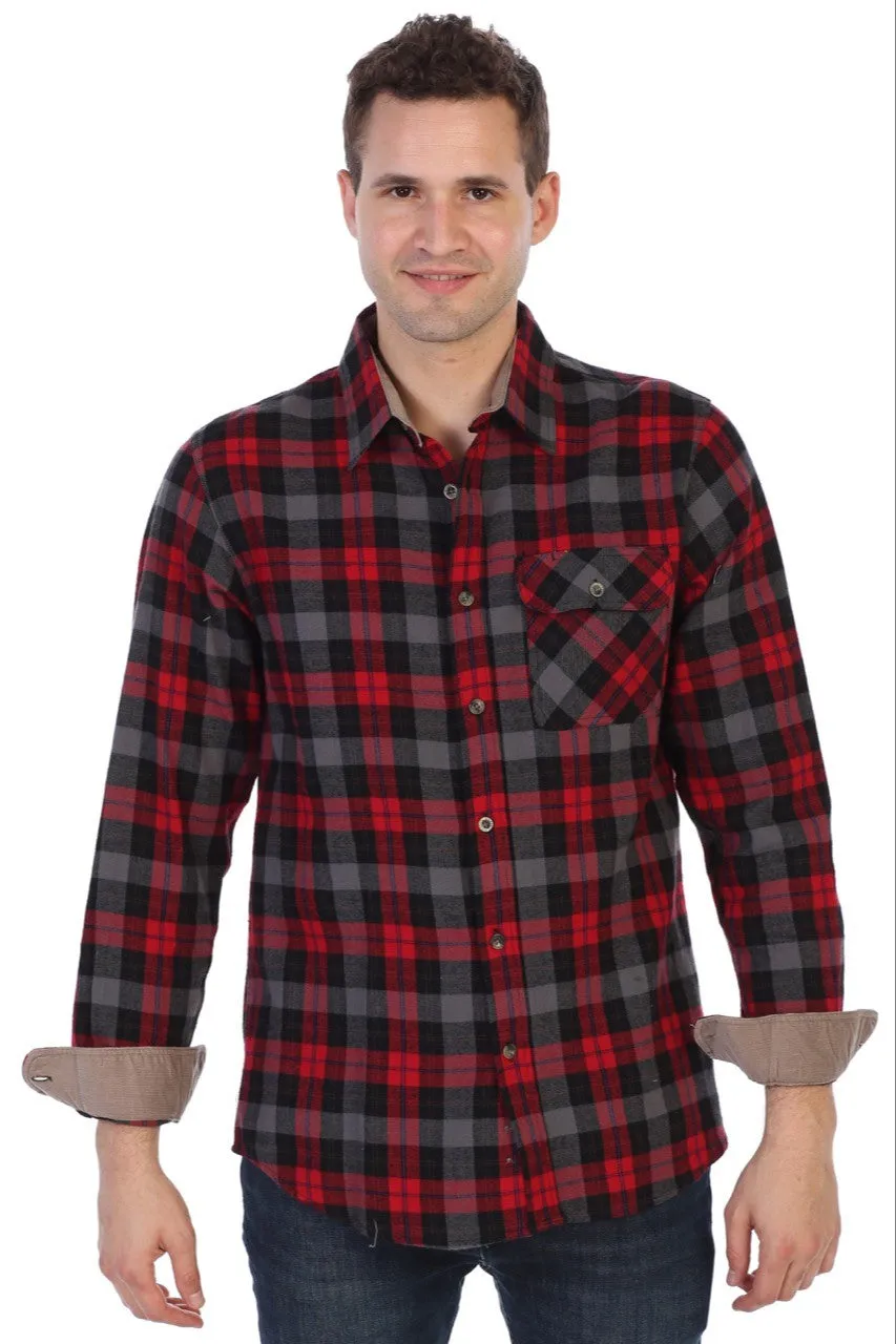 Gioberti Men's Black / Red / Blue Highlight 100% Cotton Brushed Flannel Plaid Checkered Shirt with Corduroy Contrast