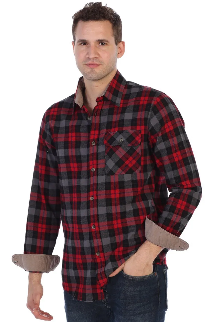 Gioberti Men's Black / Red / Blue Highlight 100% Cotton Brushed Flannel Plaid Checkered Shirt with Corduroy Contrast