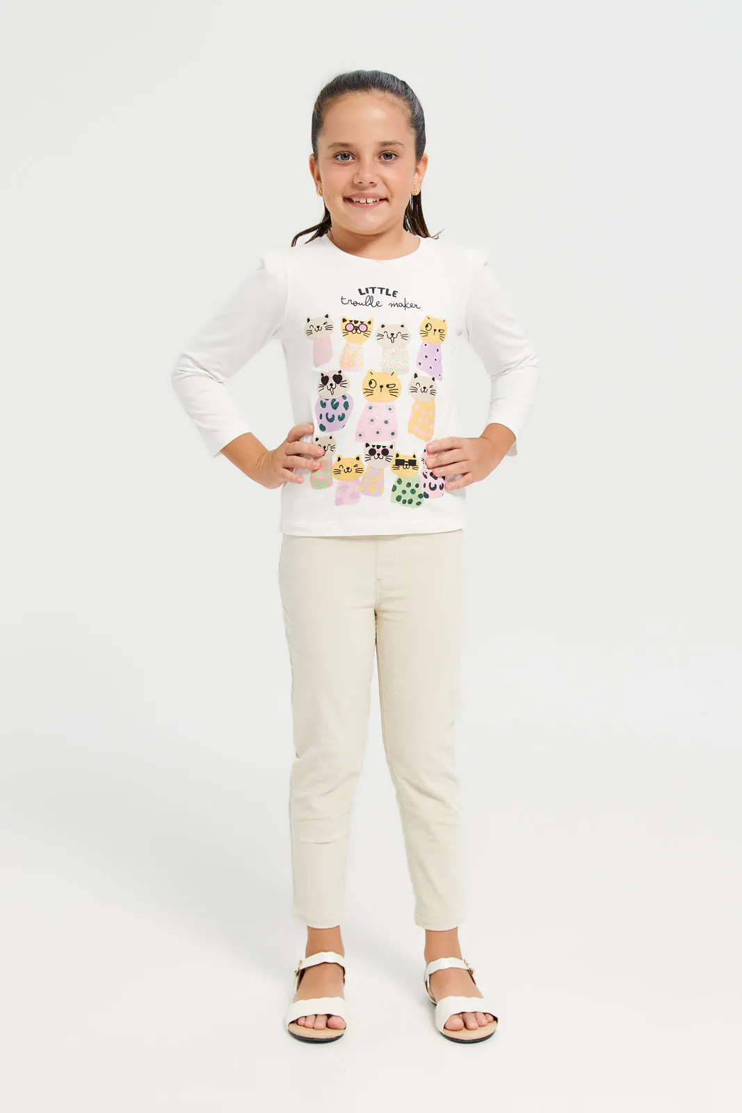 Girls Cream Straight Fit Trousers