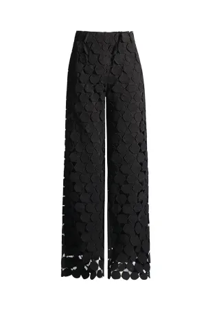 Graphic Circular Laser Cut Pleated High Waist Wide Leg Guipure Lace Pants