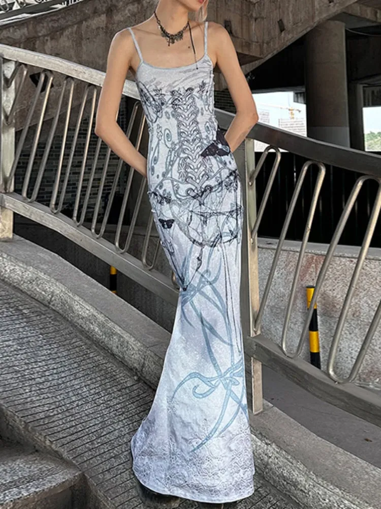 Graphic Printed Halter Sleeveless Long Dress