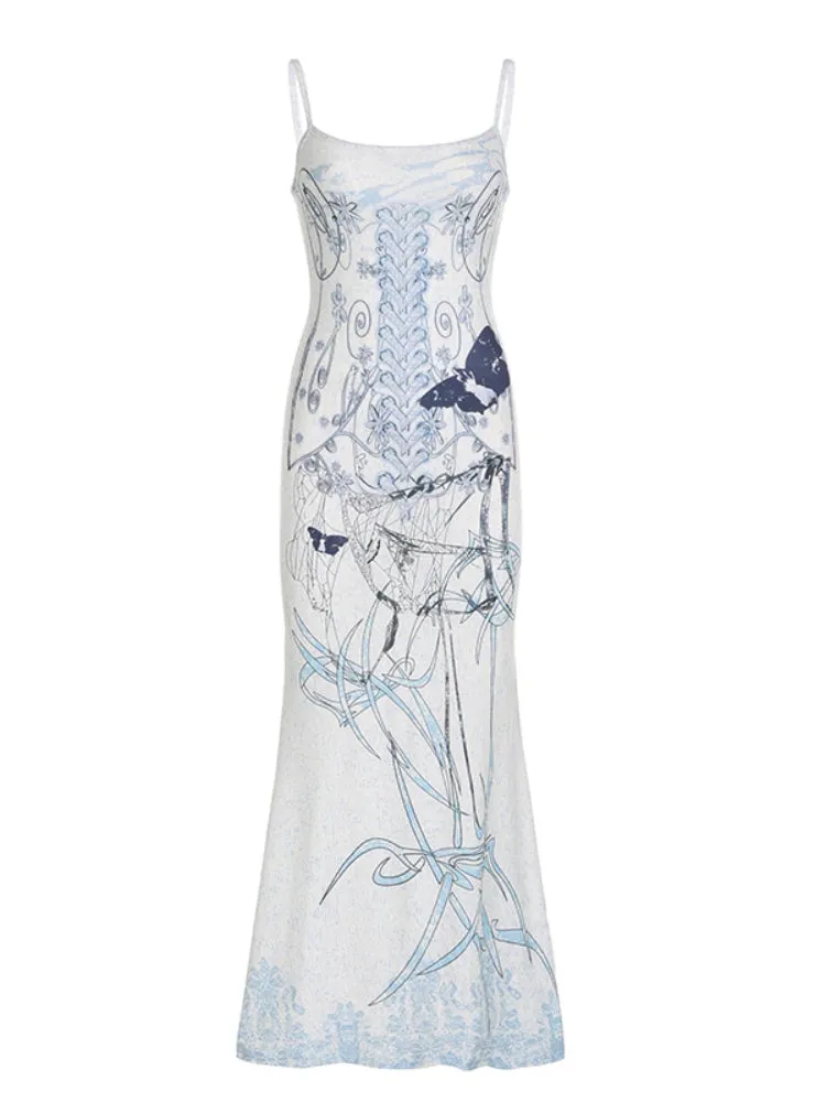 Graphic Printed Halter Sleeveless Long Dress