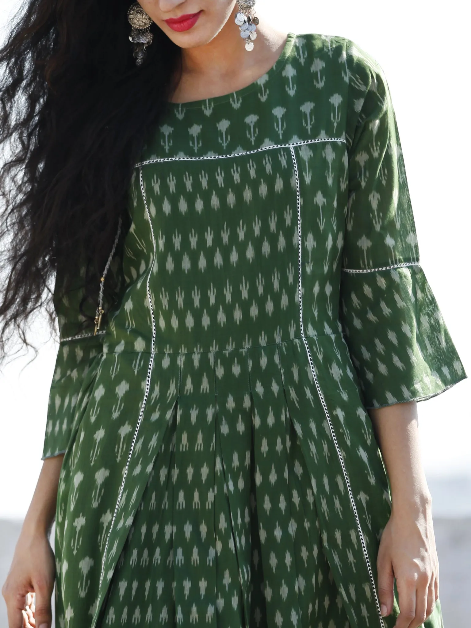 Green Hand Woven Mercerised Cotton Ikat Long Dress With Box Pleats And Bell Sleeves - D195F1038