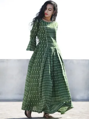 Green Hand Woven Mercerised Cotton Ikat Long Dress With Box Pleats And Bell Sleeves - D195F1038