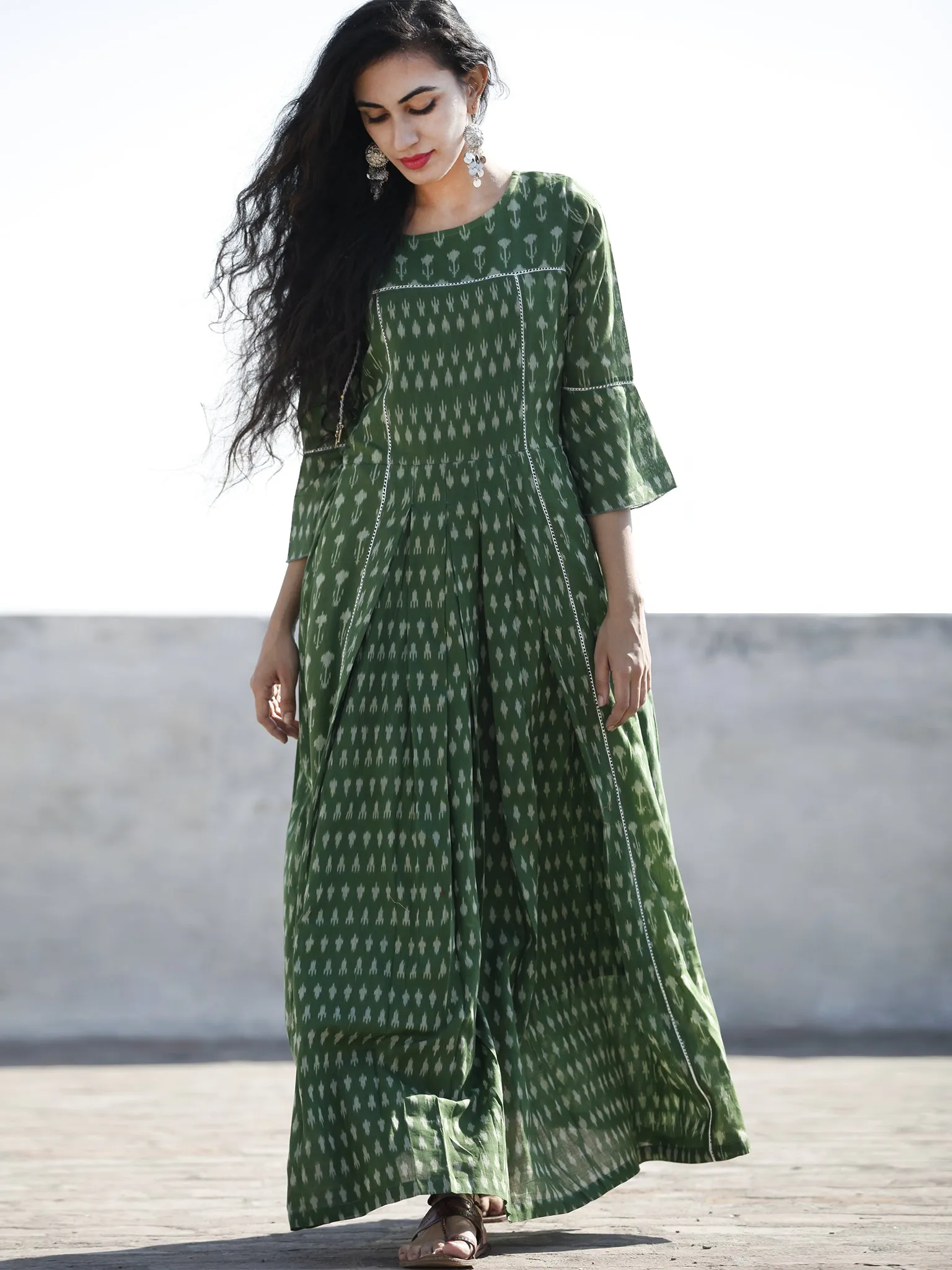 Green Hand Woven Mercerised Cotton Ikat Long Dress With Box Pleats And Bell Sleeves - D195F1038